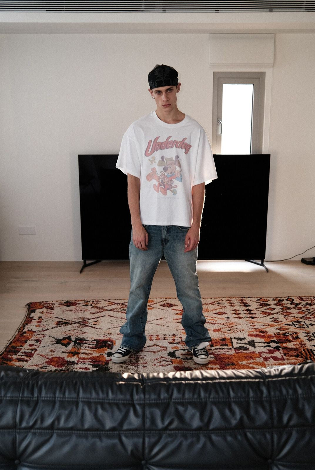 UNKNOWNWORLD Ice Blue Washed Micro Flare Jeans in Blue - On Model