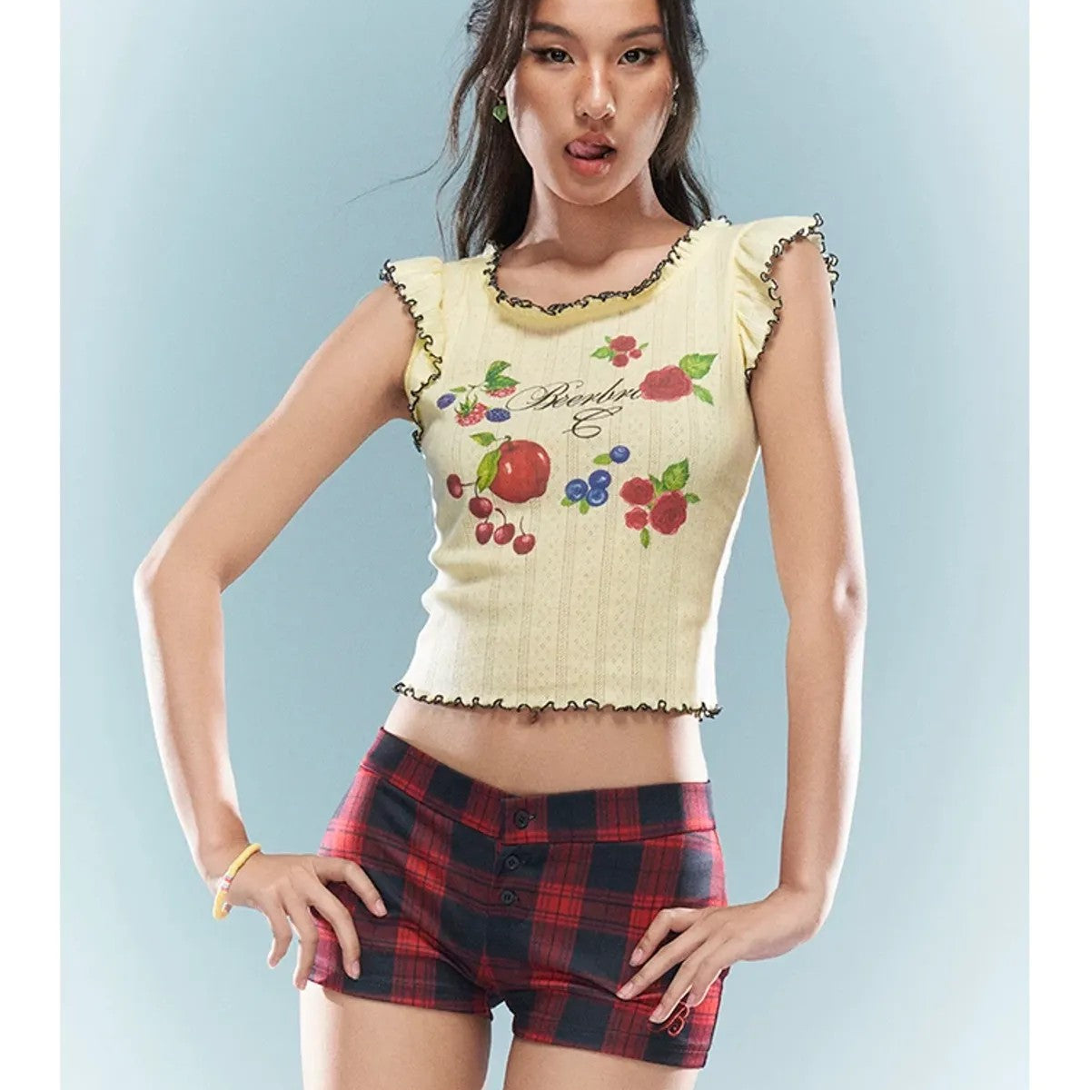 BeerBro Fruit Print Lettuce Edge Crop Top in Yellow - On Model