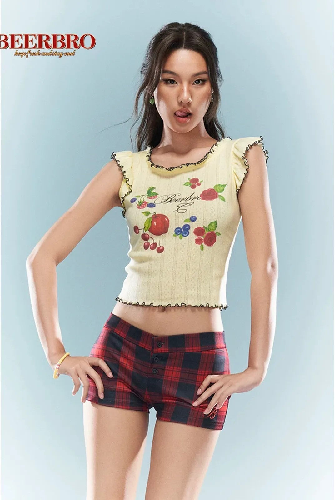 BeerBro Fruit Print Lettuce Edge Crop Top in Yellow - On Model