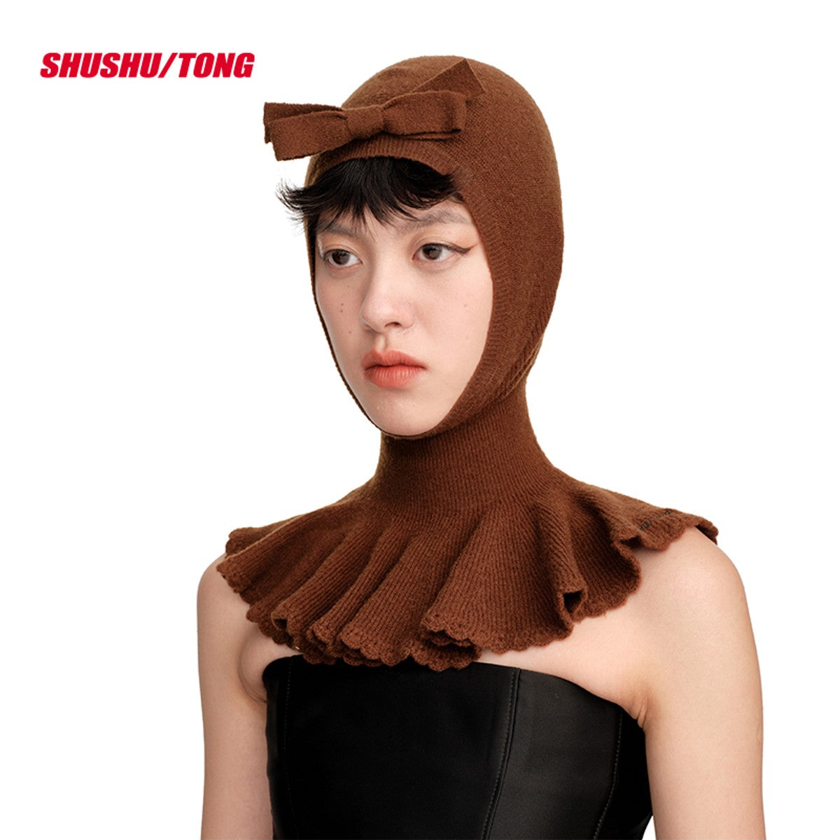 SHUSHUTONG Bow Detail Knit Balaclava in Brown - On Model