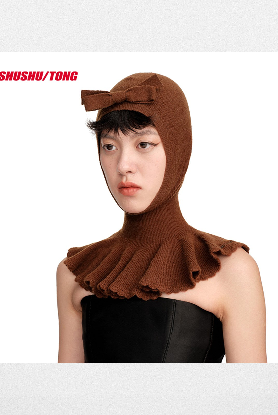 SHUSHUTONG Bow Detail Knit Balaclava in Brown - On Model