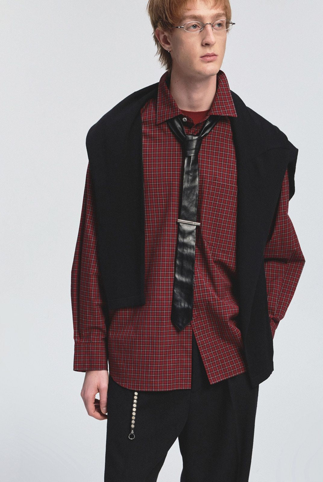 NANS Menswear Oversized Cotton Plaid Shirt in Burgundy - On Model