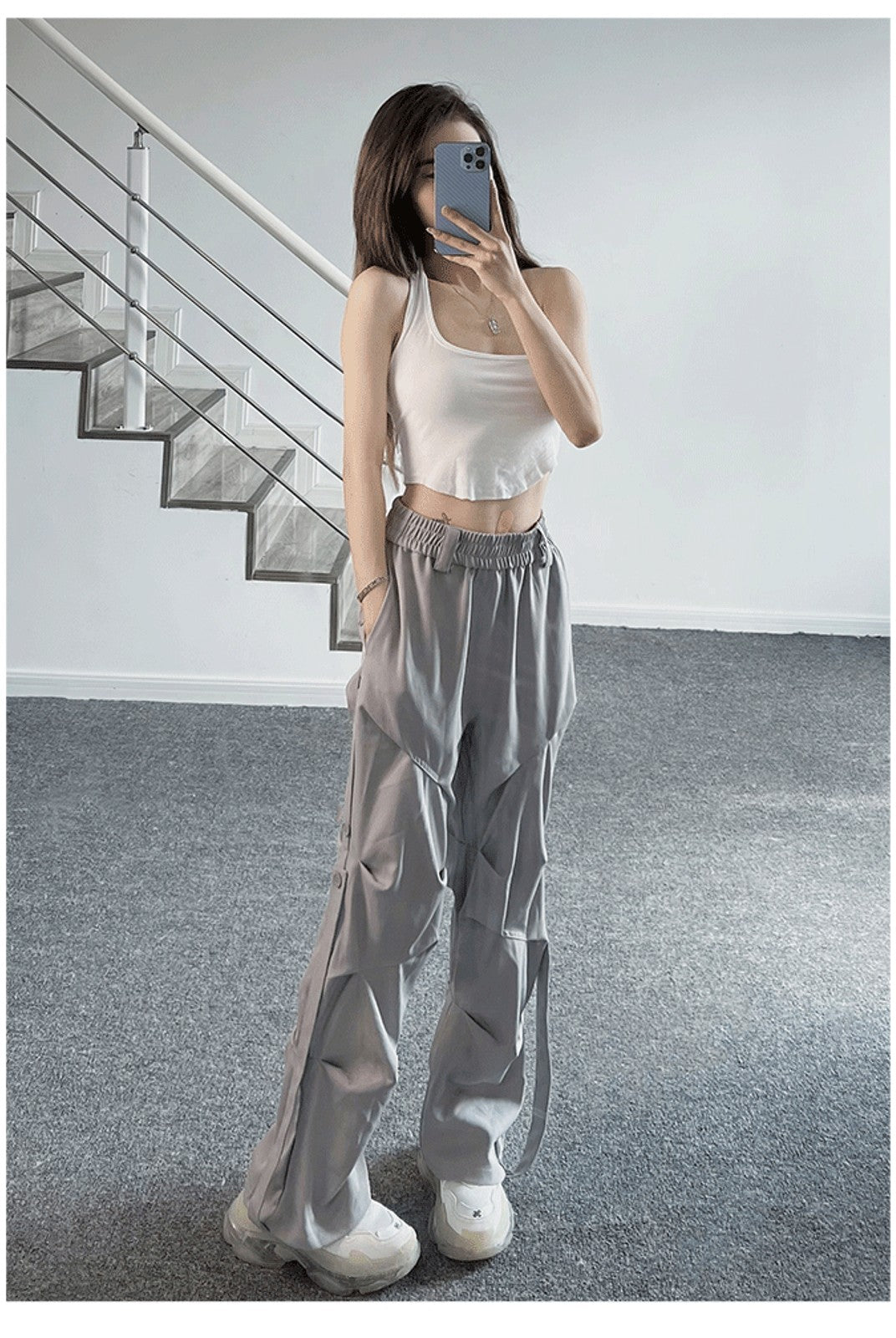 LOSTCTRL Ruched Panel Pants in Gray