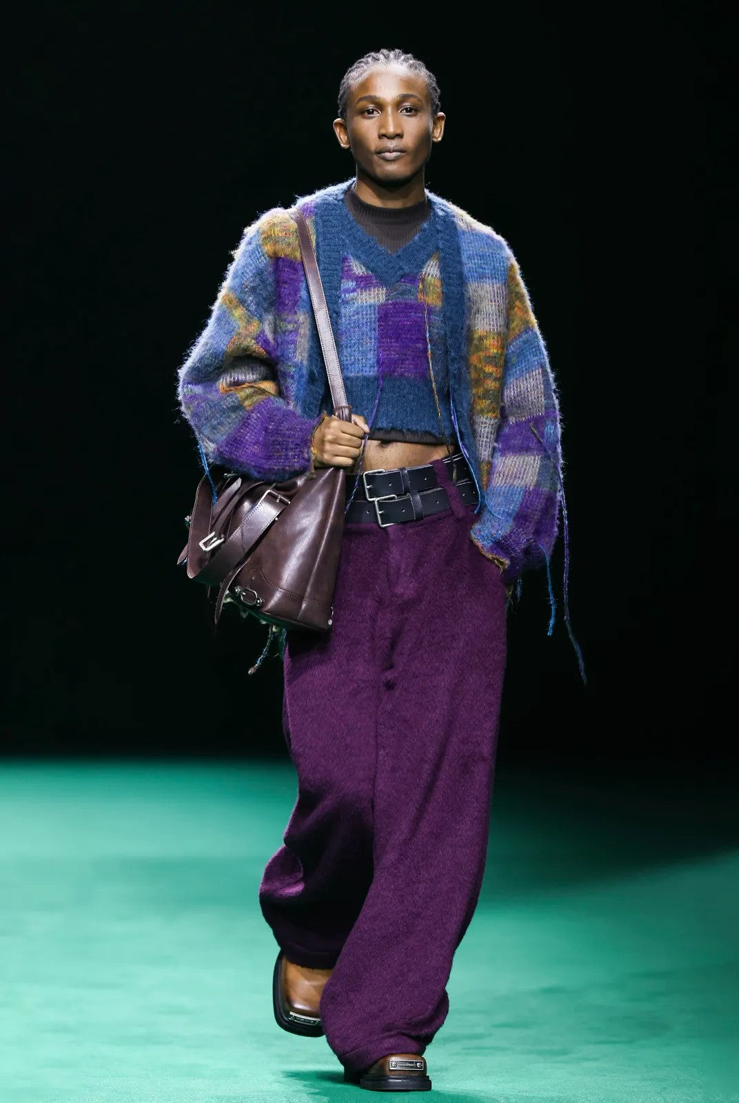 MASONPRINCE Mohair Checkerboard Fringe Cardigan in Blue - On Model #color_blue