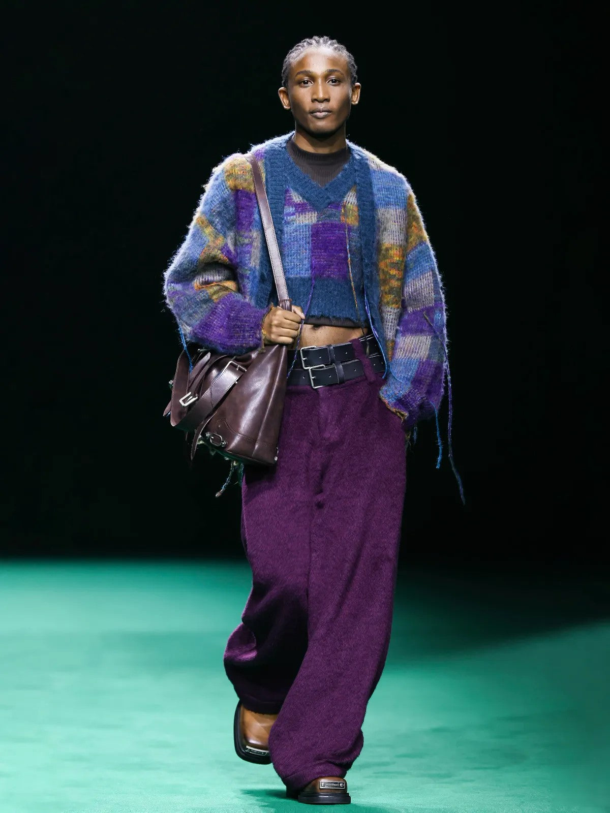 MASONPRINCE Mohair Checkerboard Fringe Cardigan in Blue - On Model #color_blue