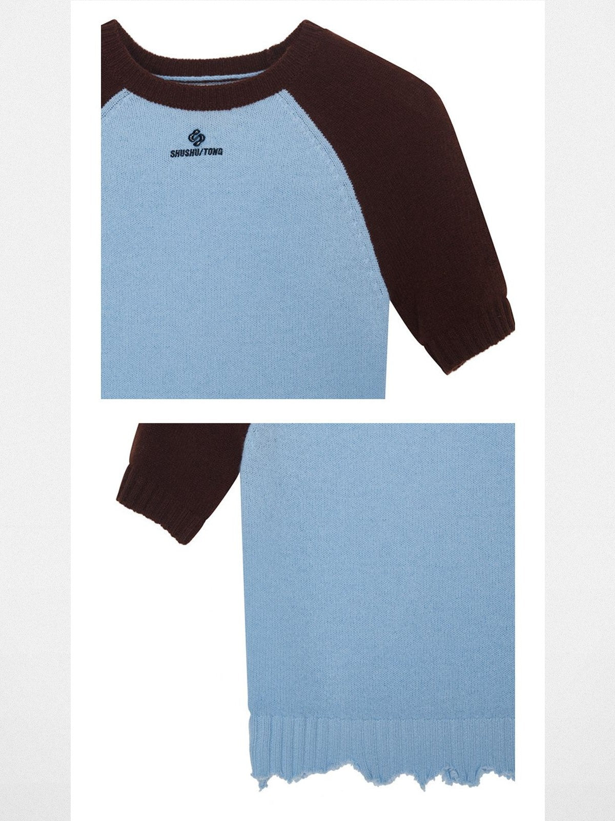 SHUSHUTONG Color Block Raw Edge Lambswool Top in Blue - Detail