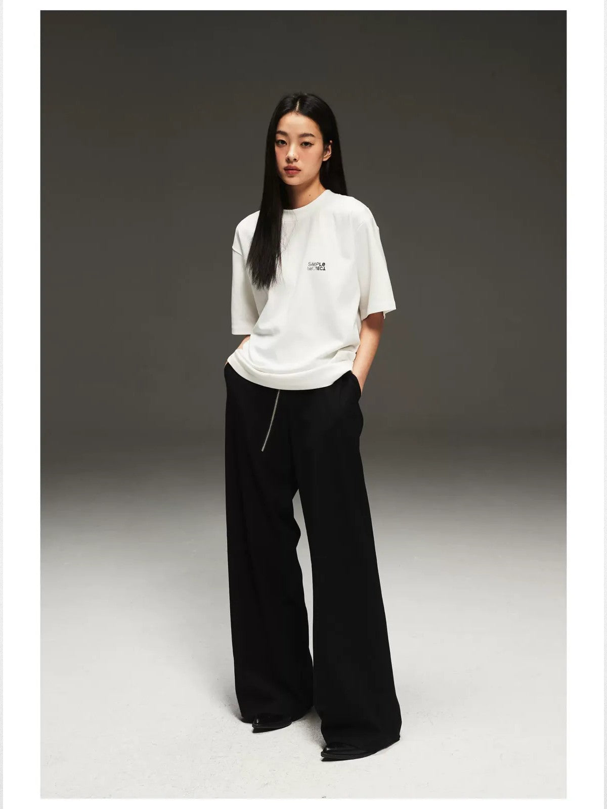 Simple Project Inverted Logo High Crew Tee in White - On Female Model