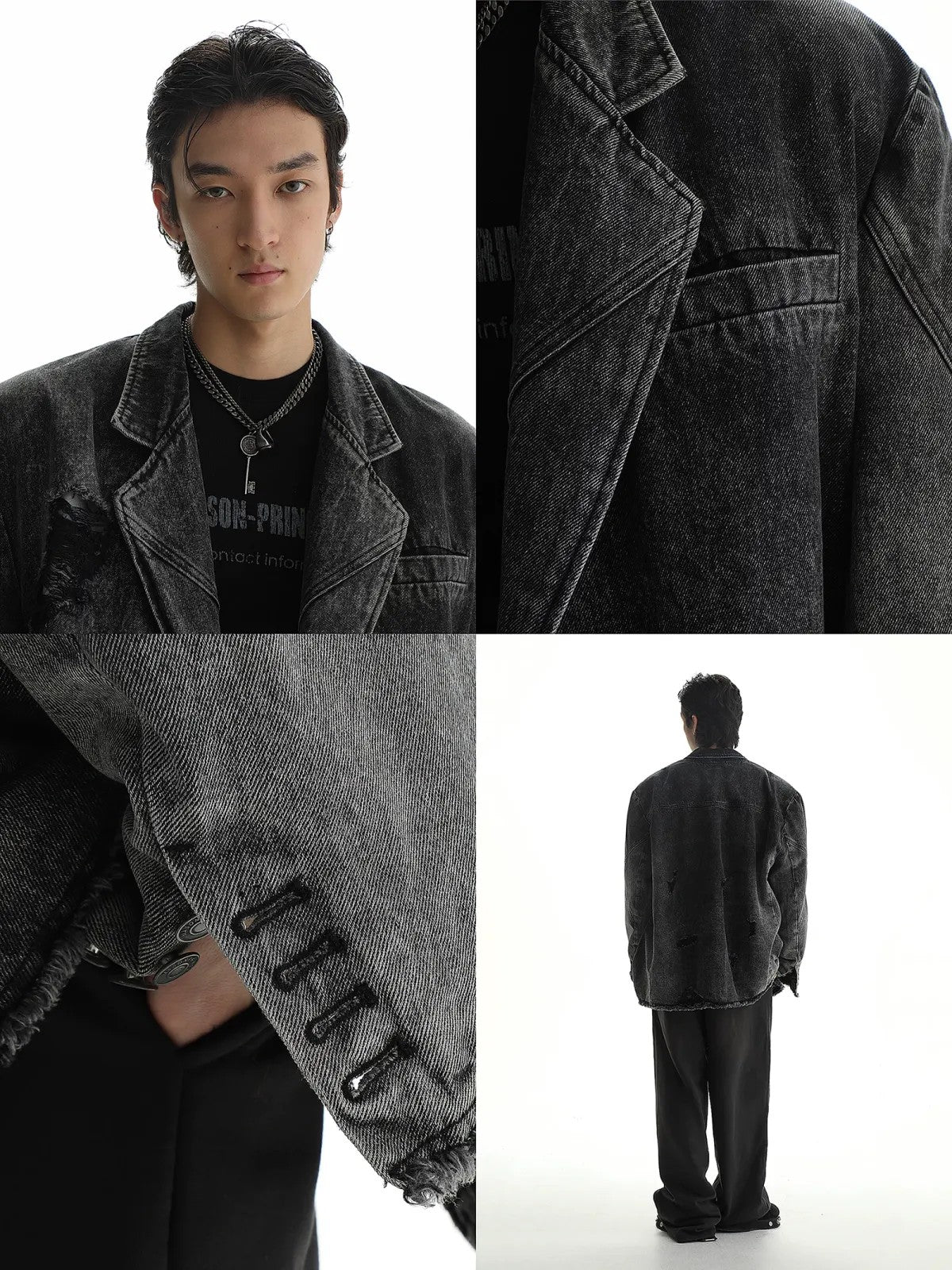 MASONPRINCE Deconstructed Distressed Denim Blazer in Gray #color_gray