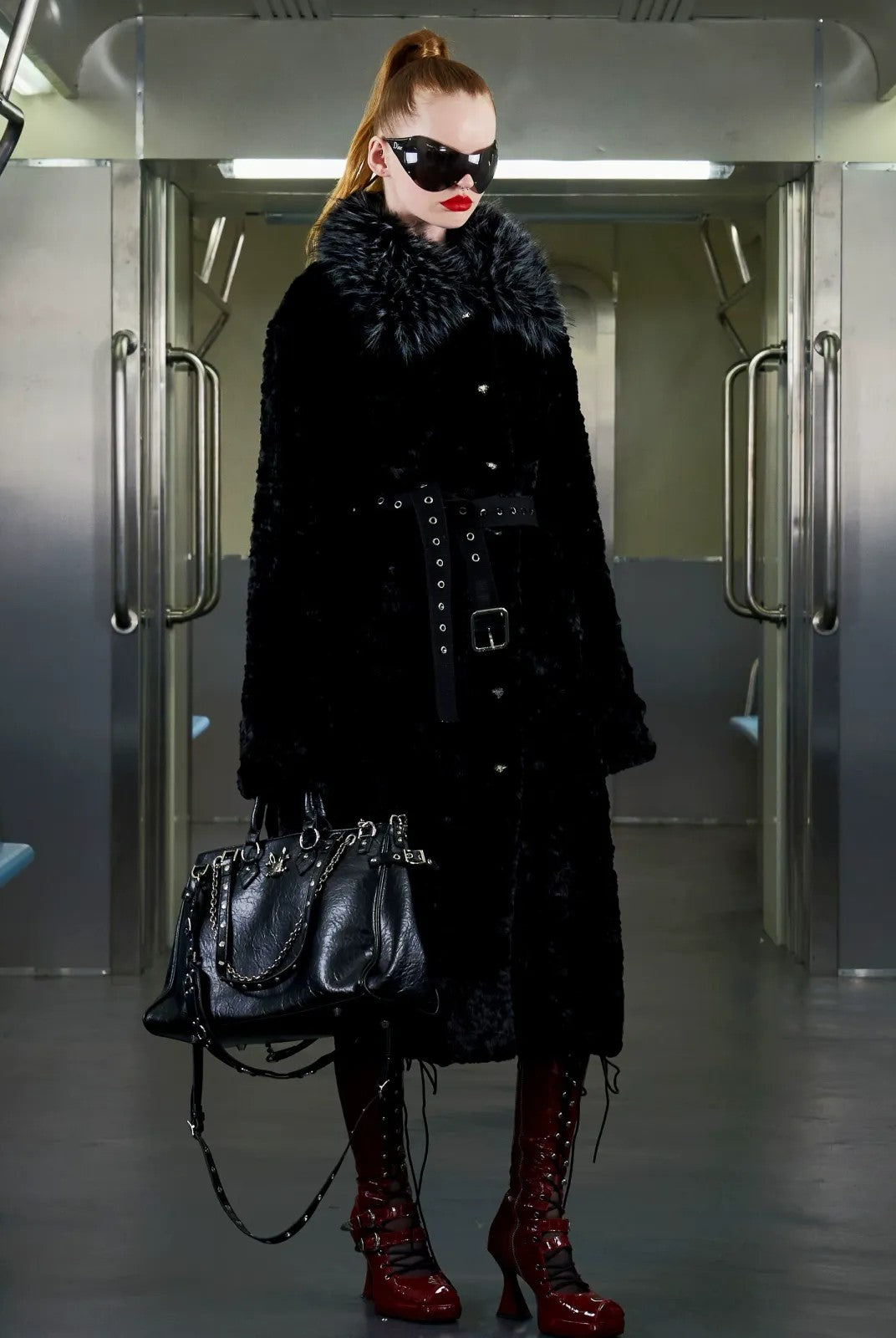 CFIERCE Belted Contrast Faux Fur Coat in Black - On Model