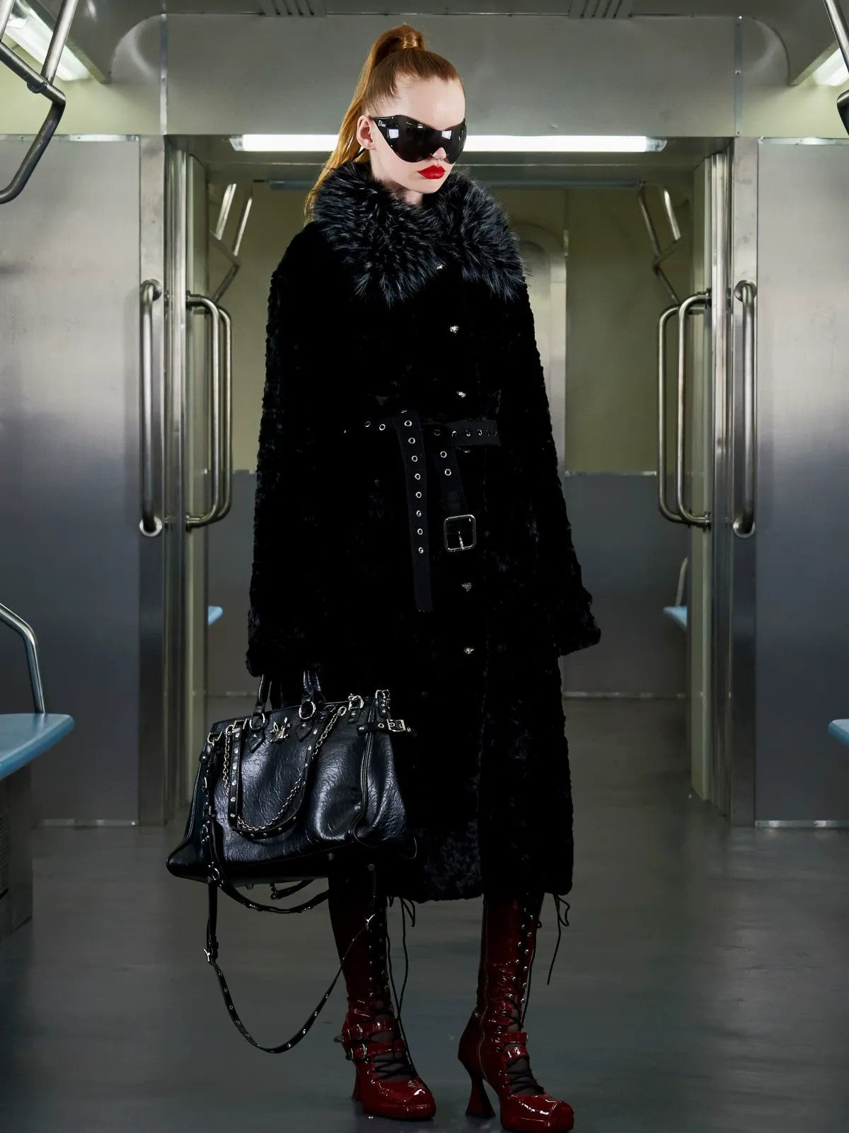 CFIERCE Belted Contrast Faux Fur Coat in Black - On Female Model