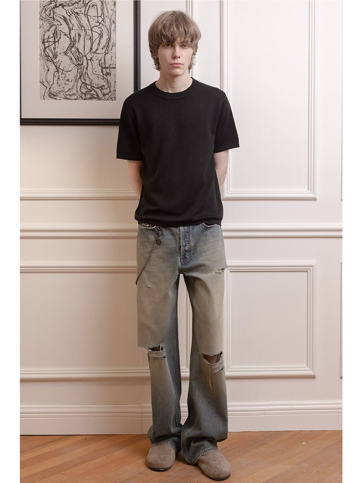 Roolrren Homme Tencel Silk Blend T Shirt in Black - On Model