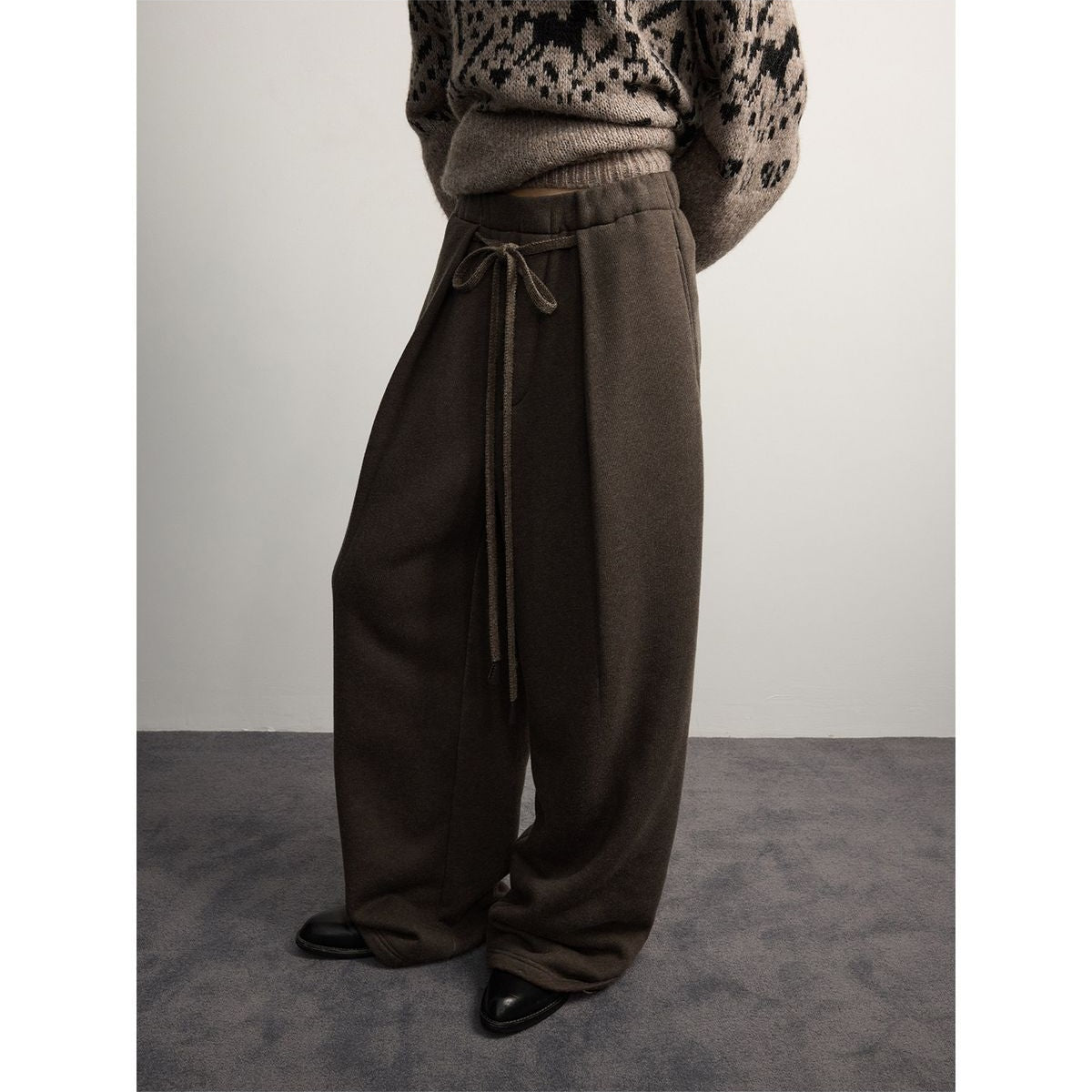 RandomPiece Wool Blend Wide Leg Sweatpants in Brown - On Model