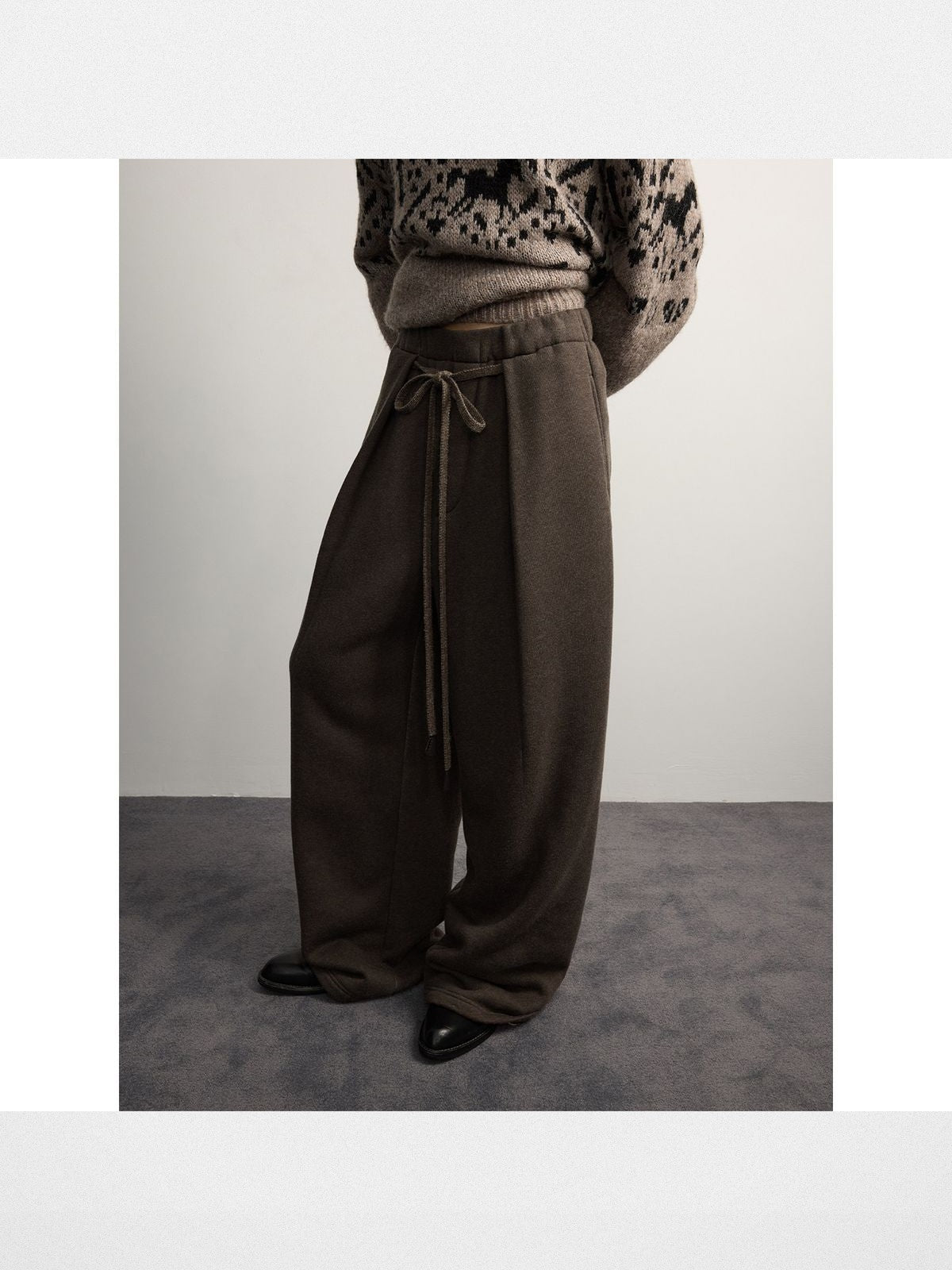 RandomPiece Wool Blend Wide Leg Sweatpants in Brown - On Model
