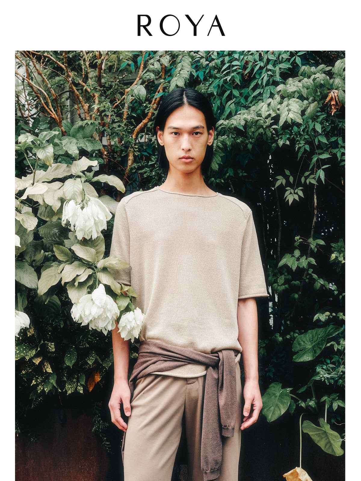 ROYA Rolled Edge Washi Silk Knit T Shirt in Beige - Lifestyle