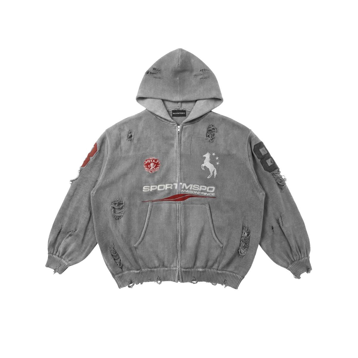 MasonPrince Distressed Horse Graphic Zip Hoodie in Gray