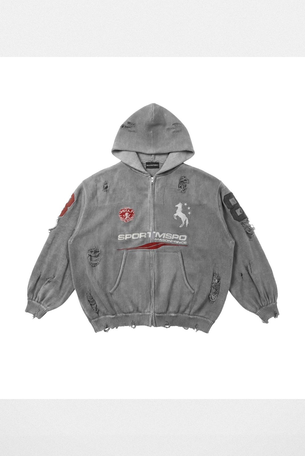 MasonPrince Distressed Horse Graphic Zip Hoodie in Gray