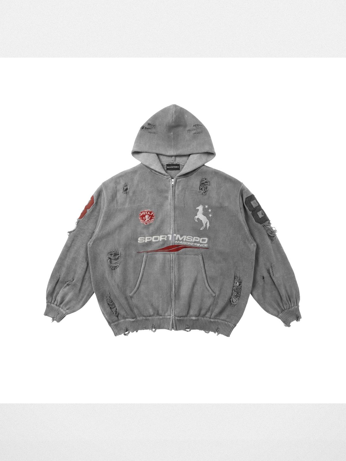 MasonPrince Distressed Horse Graphic Zip Hoodie in Gray