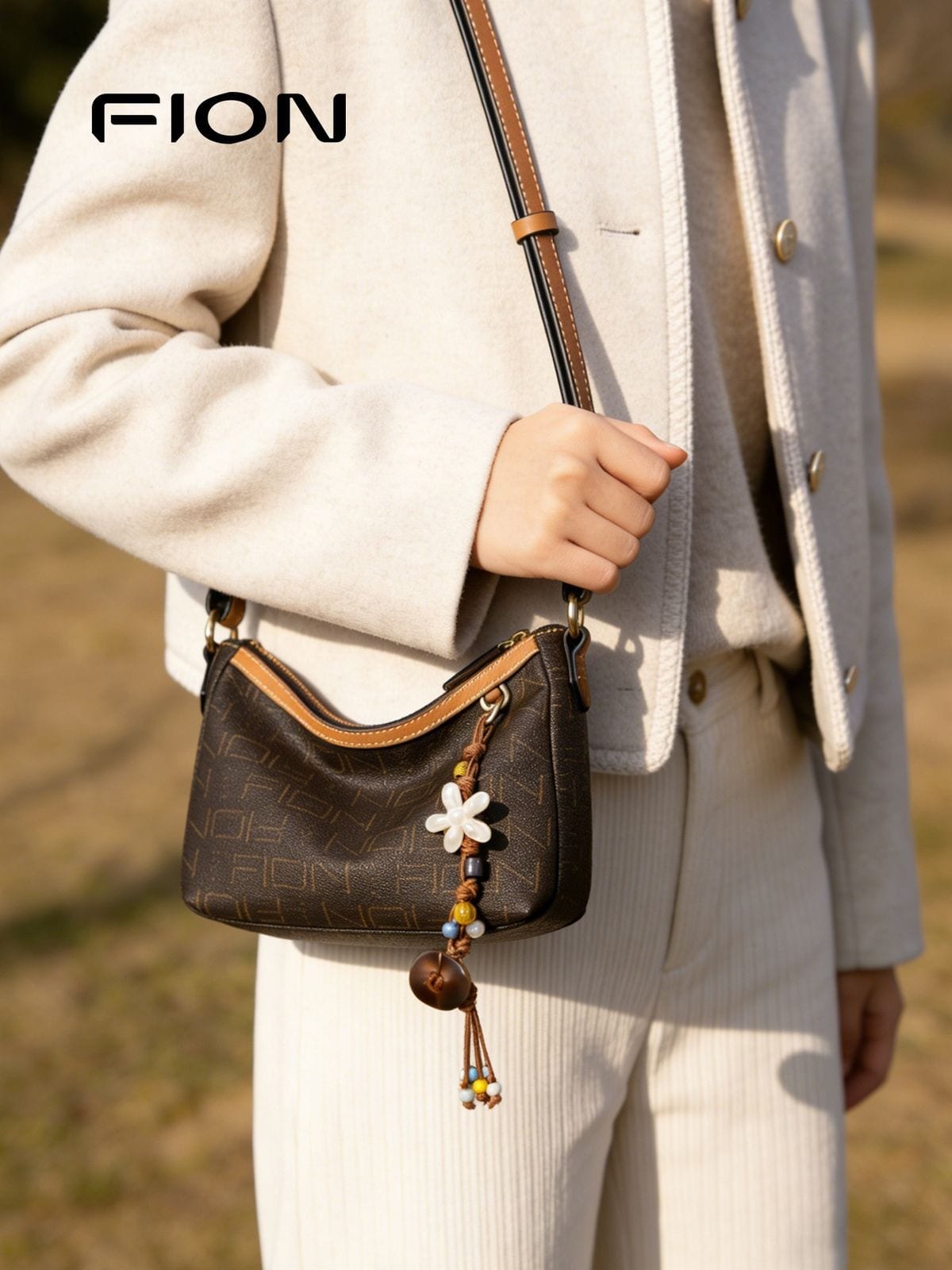 FION Monogram Faux Leather Shoulder Bag in Brown - Lifestyle