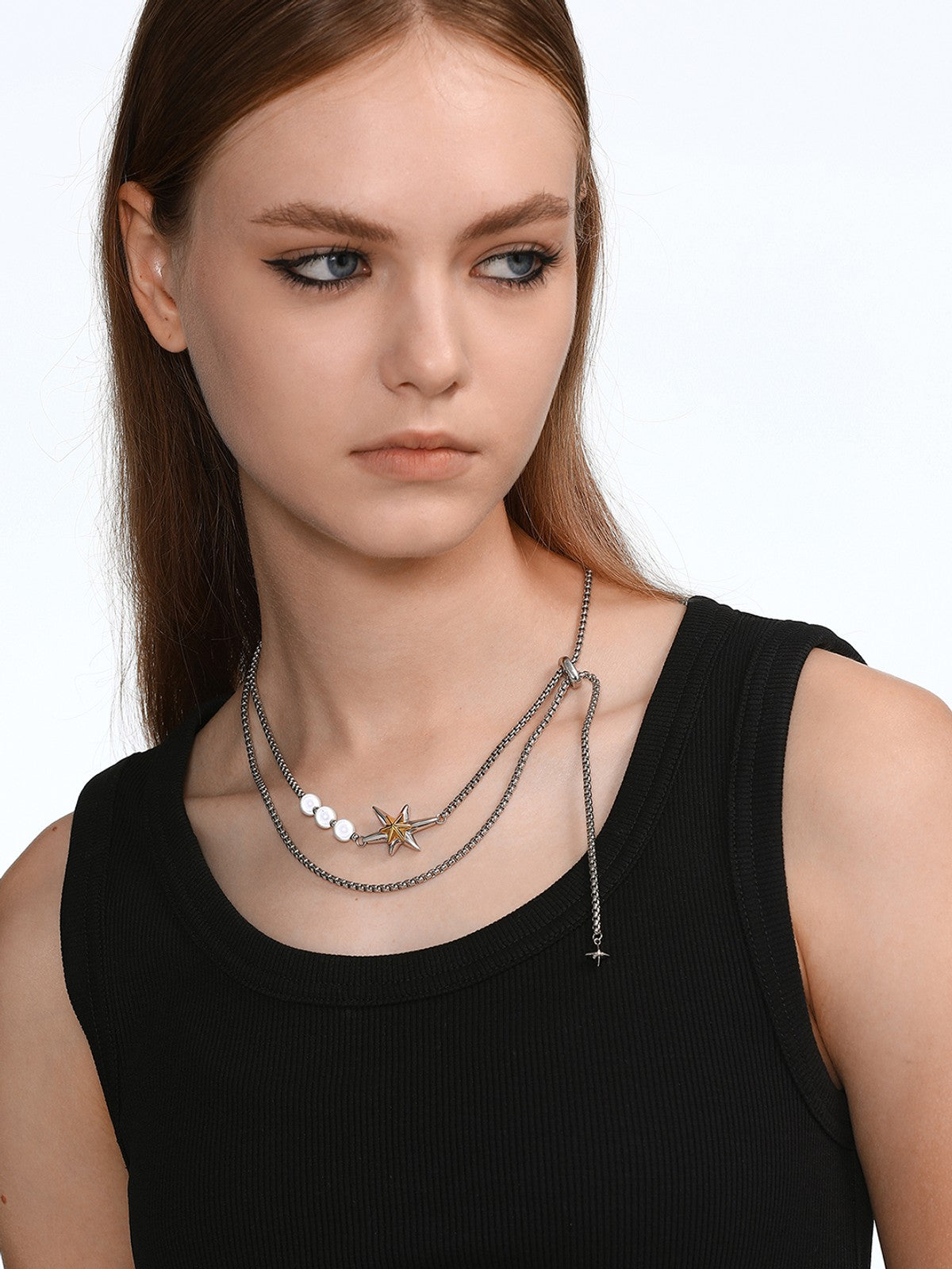BLACKHEAD Star Pendant Pearl Layered Necklace in Gray