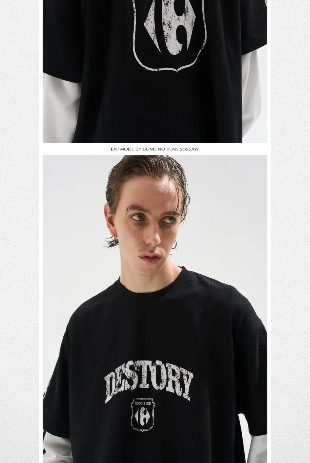 BLINDNOPLAN Distressed Faux Layered Tee in Black - On Model