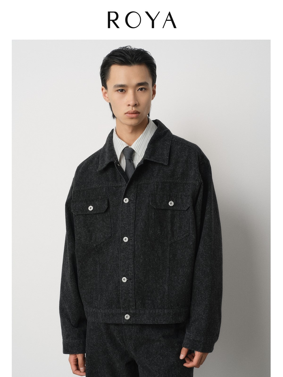 ROYA Sueded Cone Mills Denim Jacket in Black - On Model