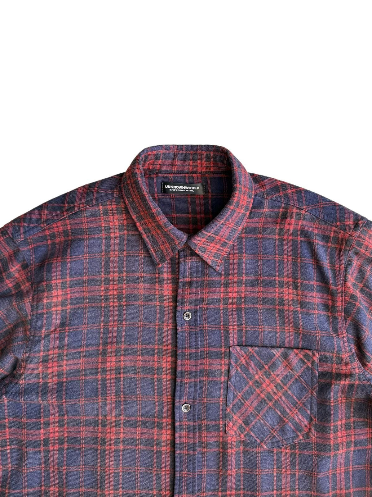 UNKNOWNWORLD Washed Plaid Flannel Raw Edge Shirt in Blue