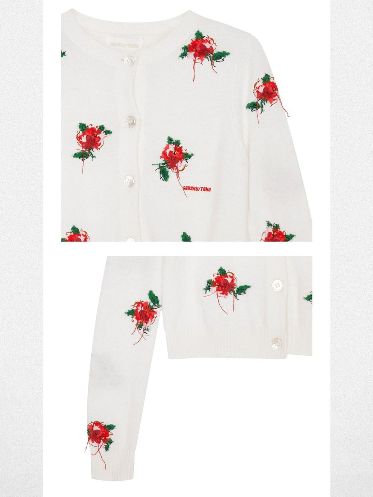 SHUSHUTONG Floral Embroidered Lambswool Cardigan in Red - Detail