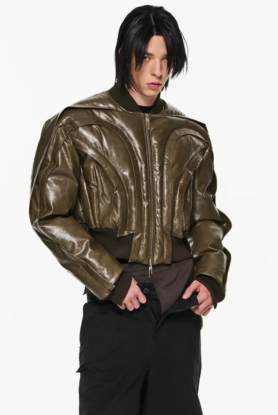 BLINDNOPLAN Cropped Layered MA 1 Bomber Jacket in Olive - On Model