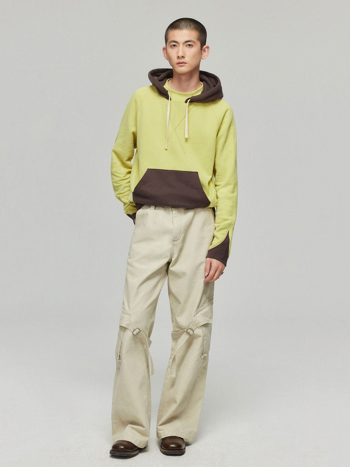 Simple Project Contrast Panel Hoodie in Brown - On Model