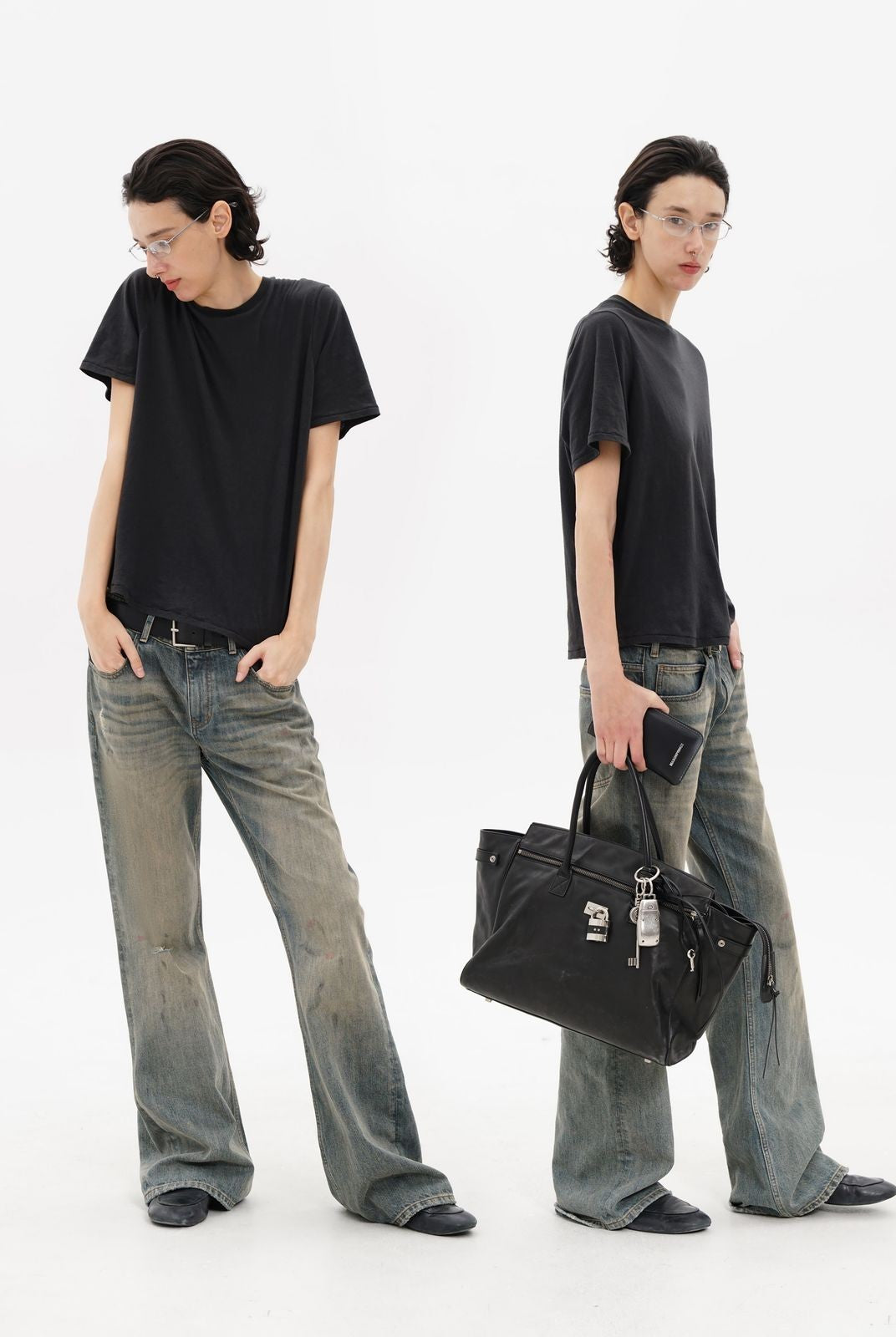 MASONPRINCE Distressed Boot Cut Washed Jeans in Blue - On Model #color_blue