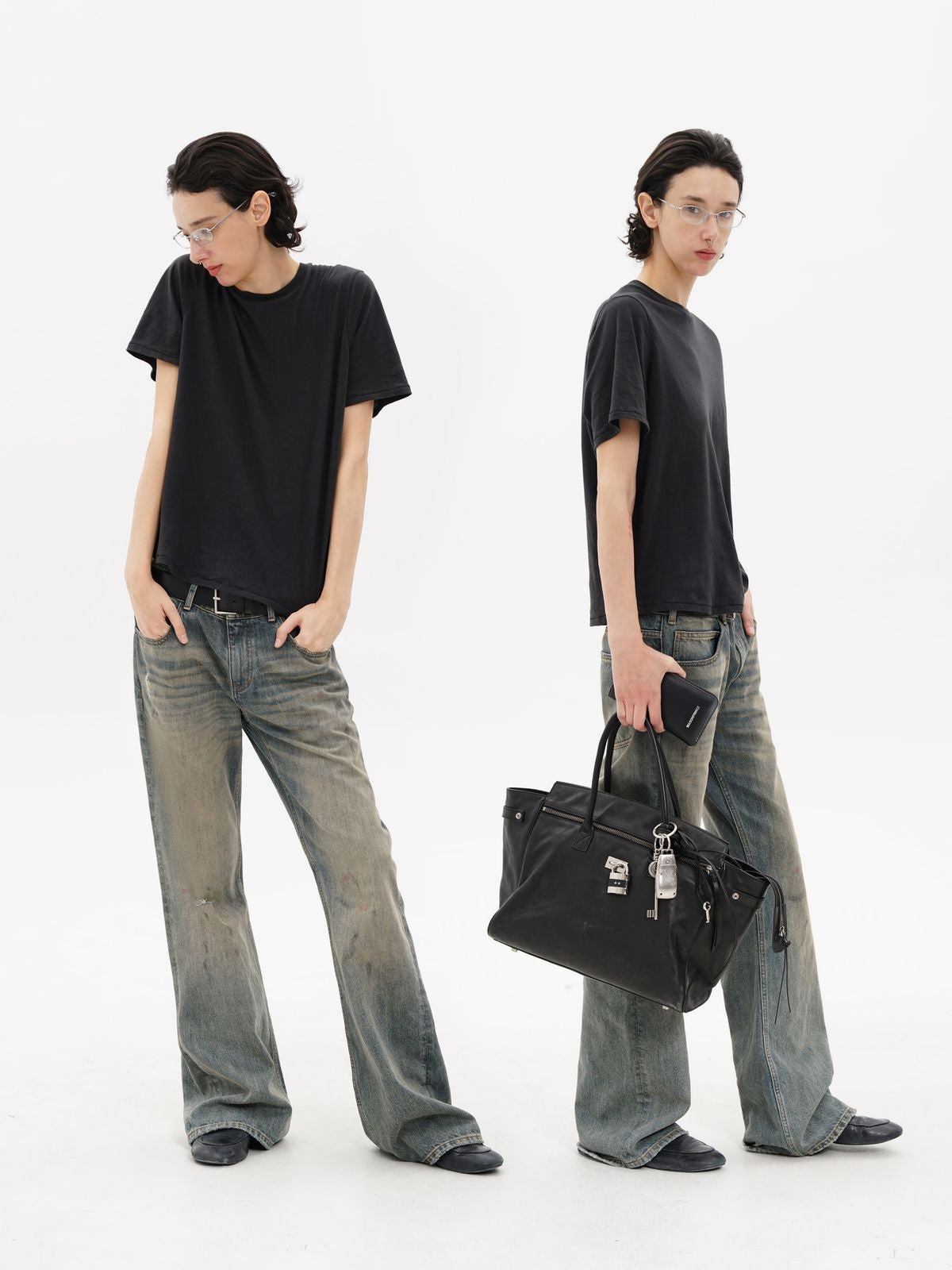 MASONPRINCE Distressed Boot Cut Washed Jeans in Blue - On Model #color_blue