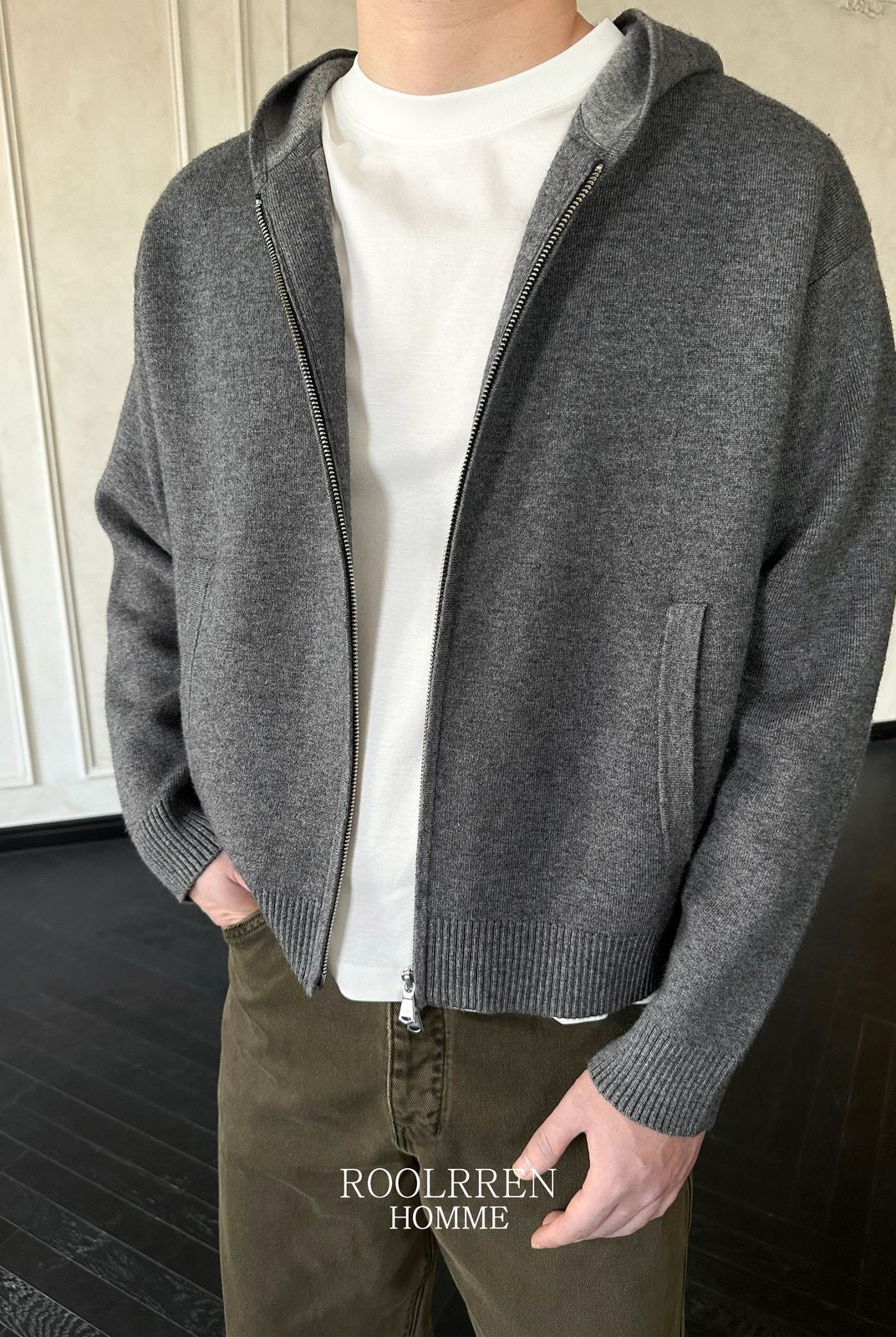 Roolrren Homme Wool Cashmere Zip Up Hoodie in Gray - On Model