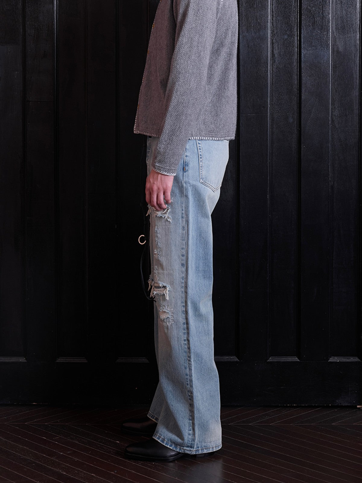VLABMADE Distressed Sashiko Flare Jeans in Blue - On Male Model