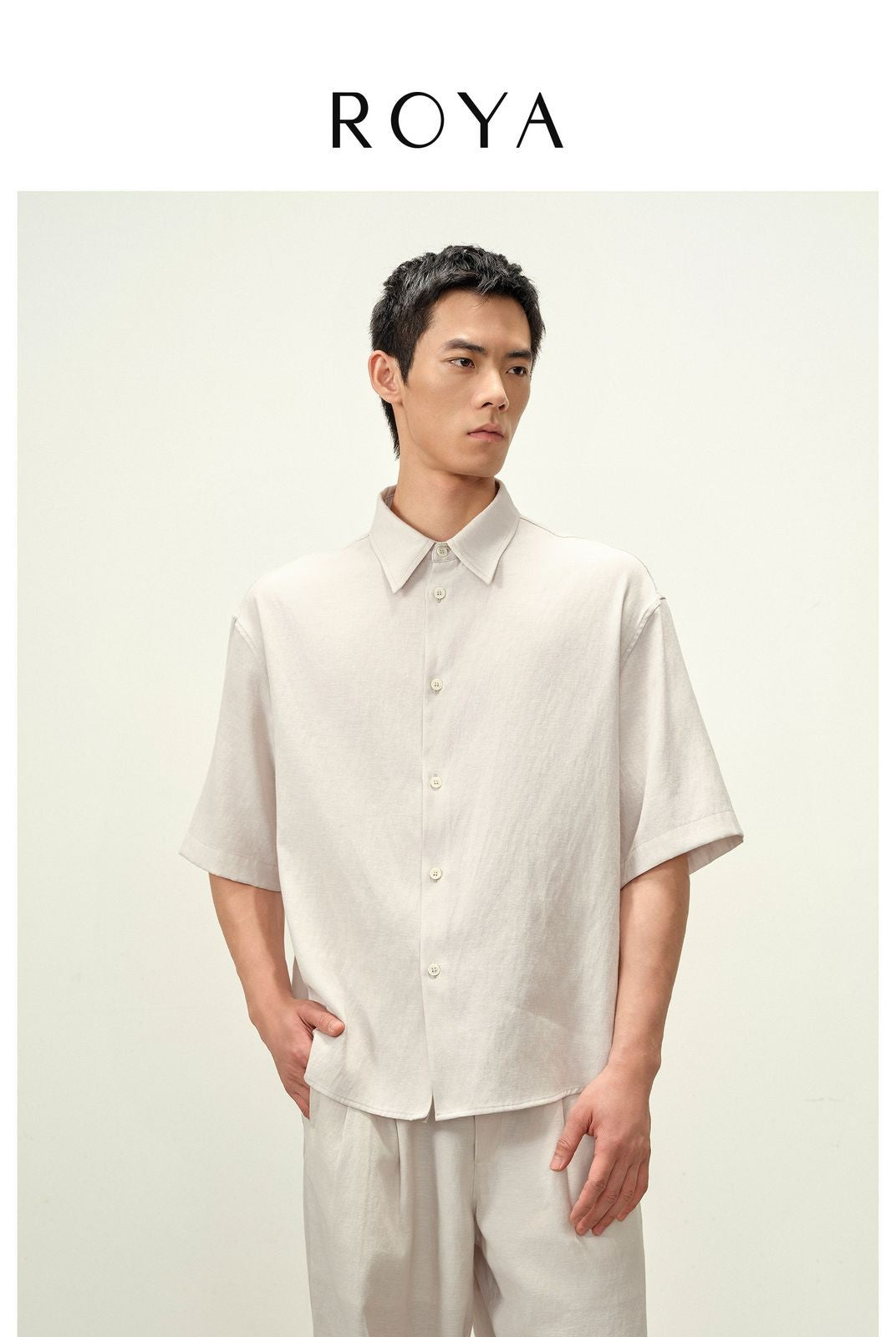 ROYA Boxy Linen Blend Short Sleeve Shirt in White - On Model