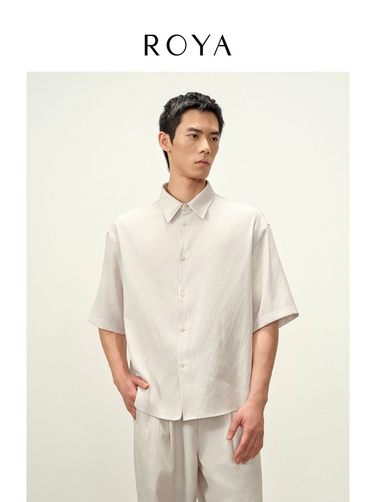 ROYA Boxy Linen Blend Short Sleeve Shirt in White - On Model