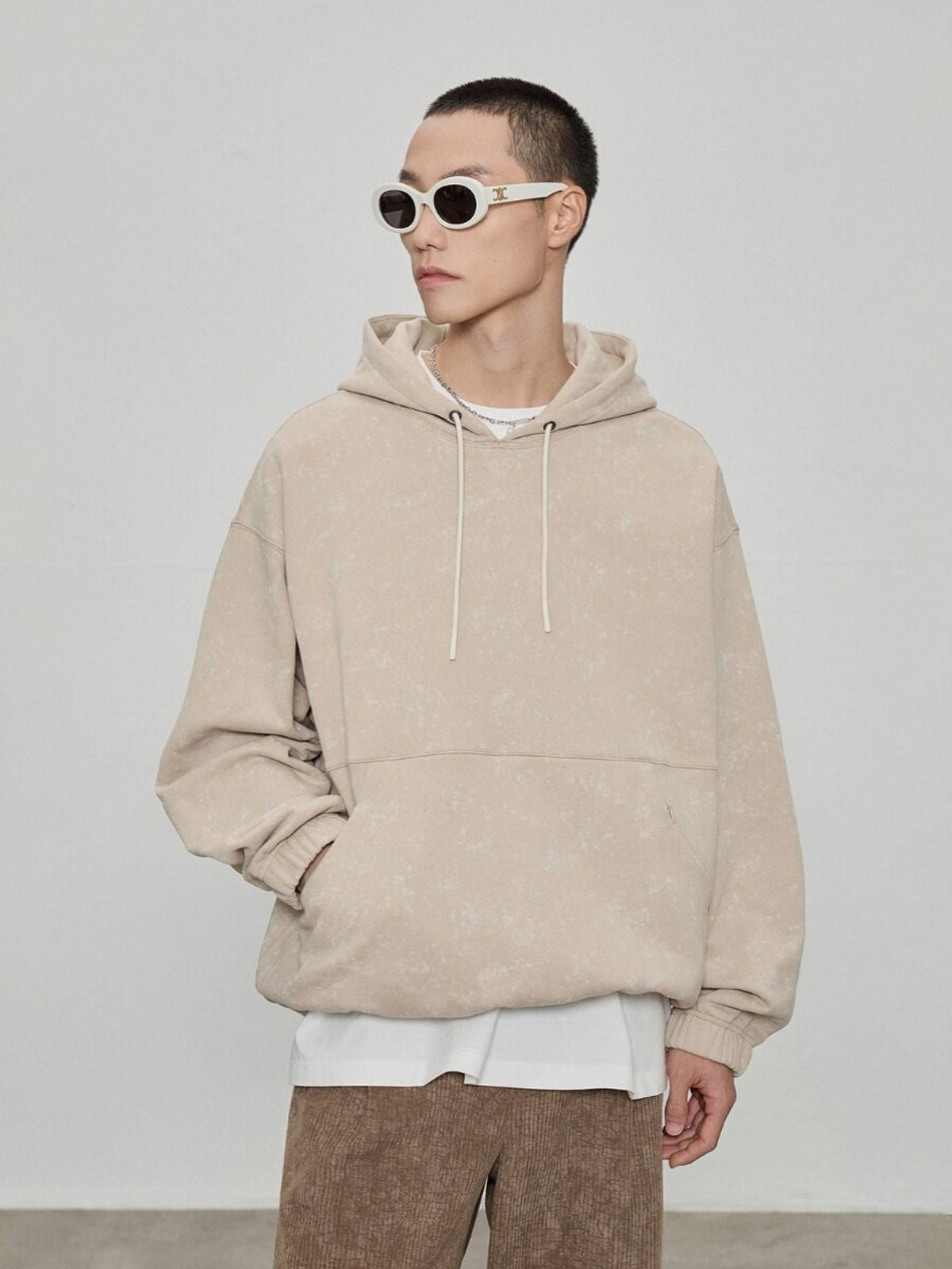 NANS Heavyweight Washed French Terry Hoodie in Beige - On Model