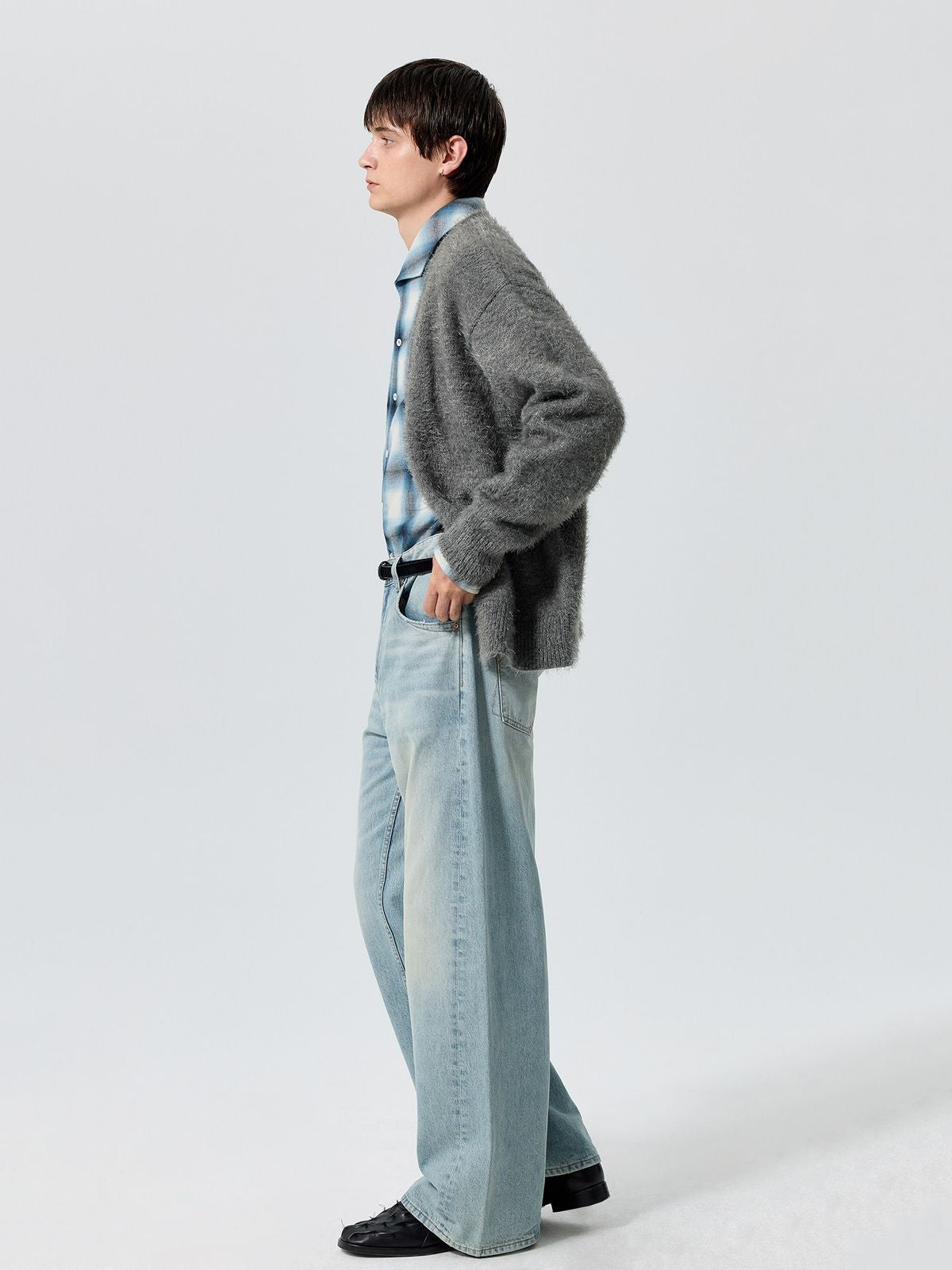 Simple Project Brushed Wool Blend Cardigan in Gray - On Model