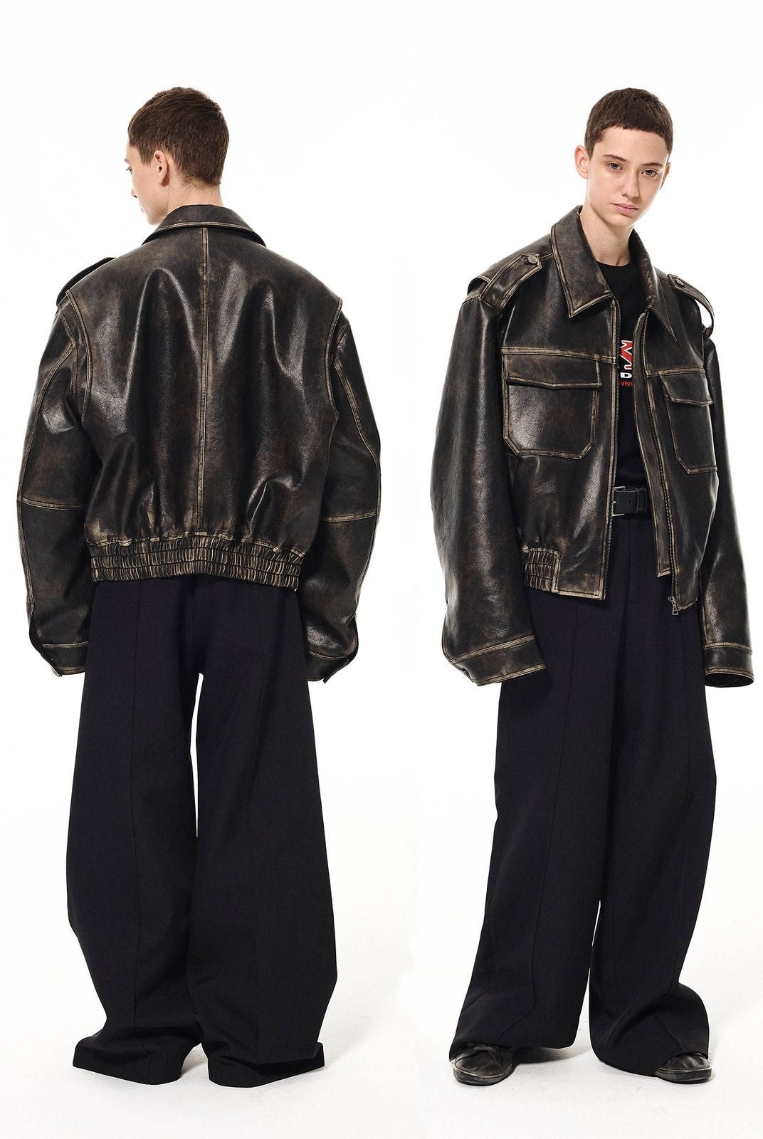 UNKNOWNWORLD Distressed Padded Eco Leather Jacket in Black - On Model