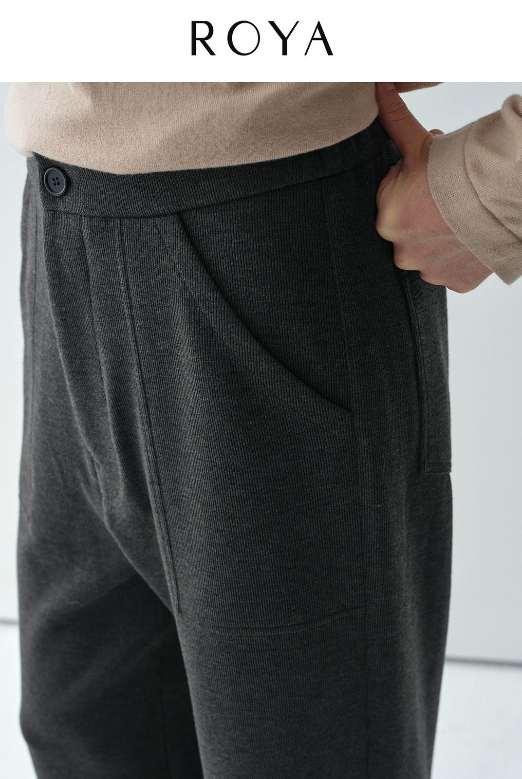 ROYA Wool Blend Semi Elastic Knit Trousers in Gray - On Male Model