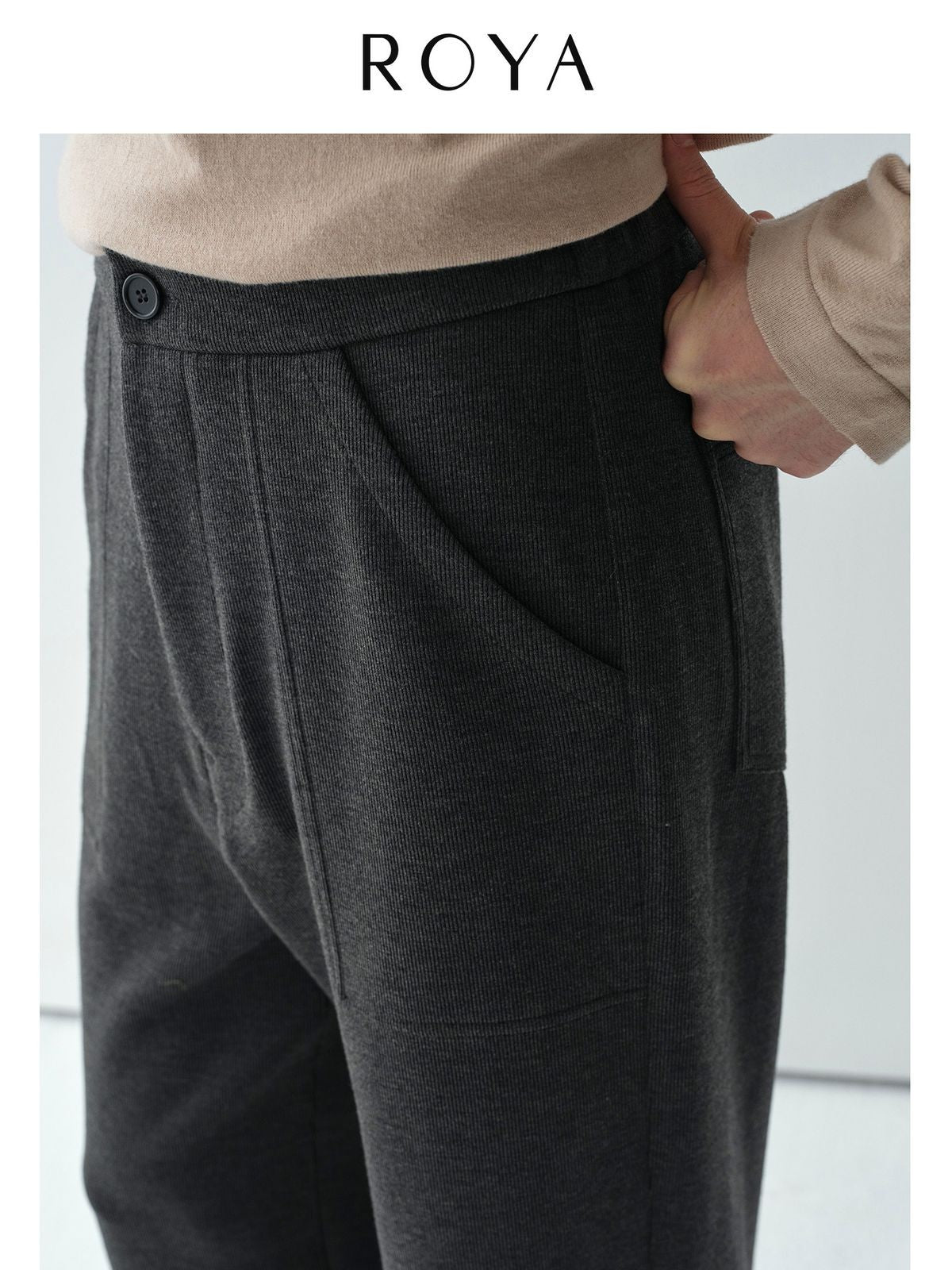 ROYA Wool Blend Semi Elastic Knit Trousers in Gray - On Male Model