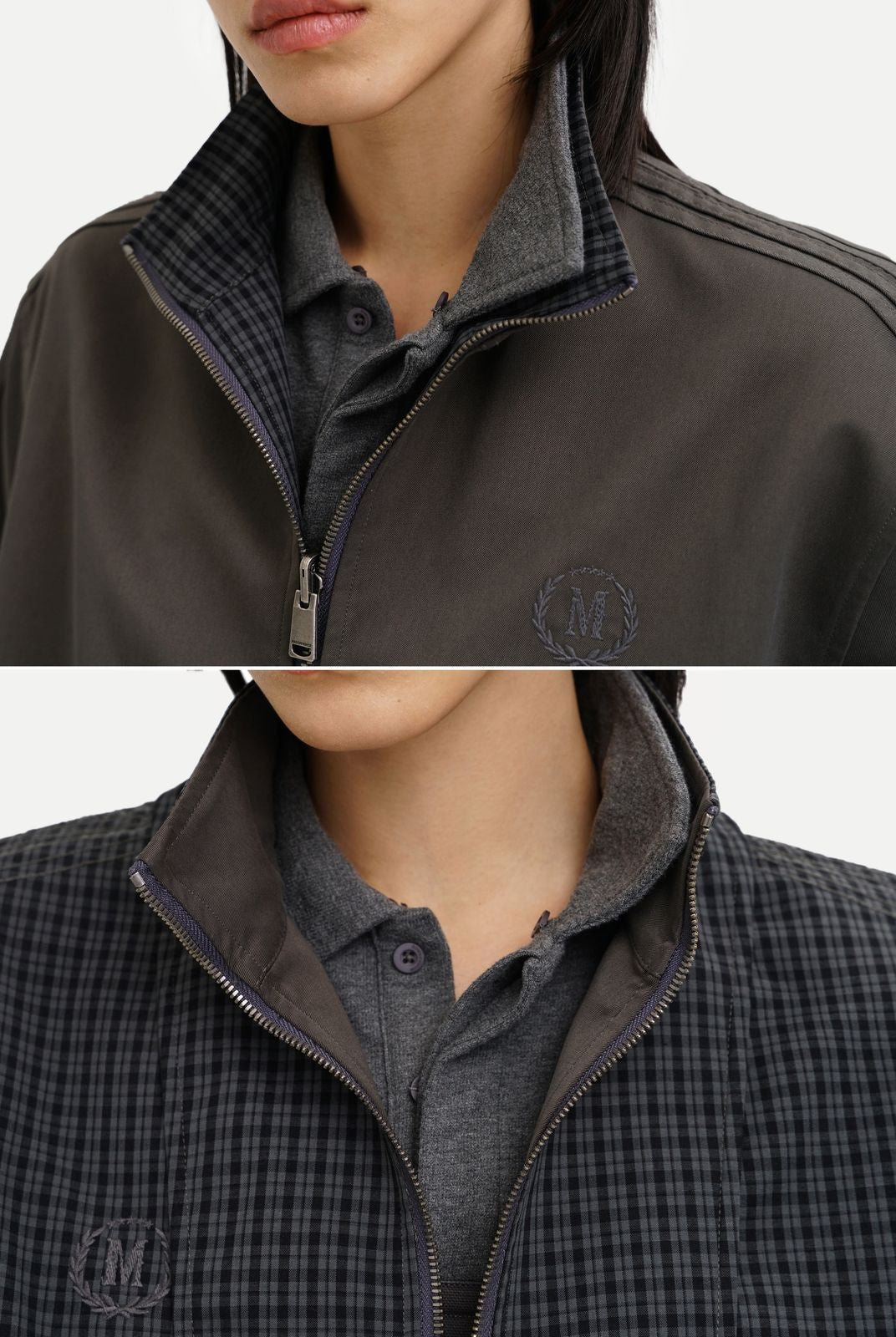 MasonPrince Reversible Plaid Cotton Coach Jacket in Gray - On Model