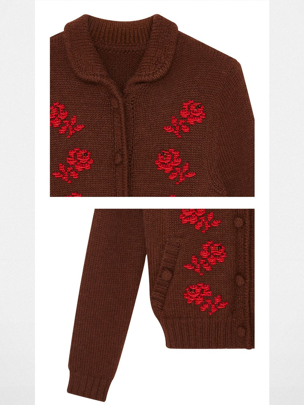 SHUSHUTONG Beaded Floral Merino Cardigan in Brown - Detail