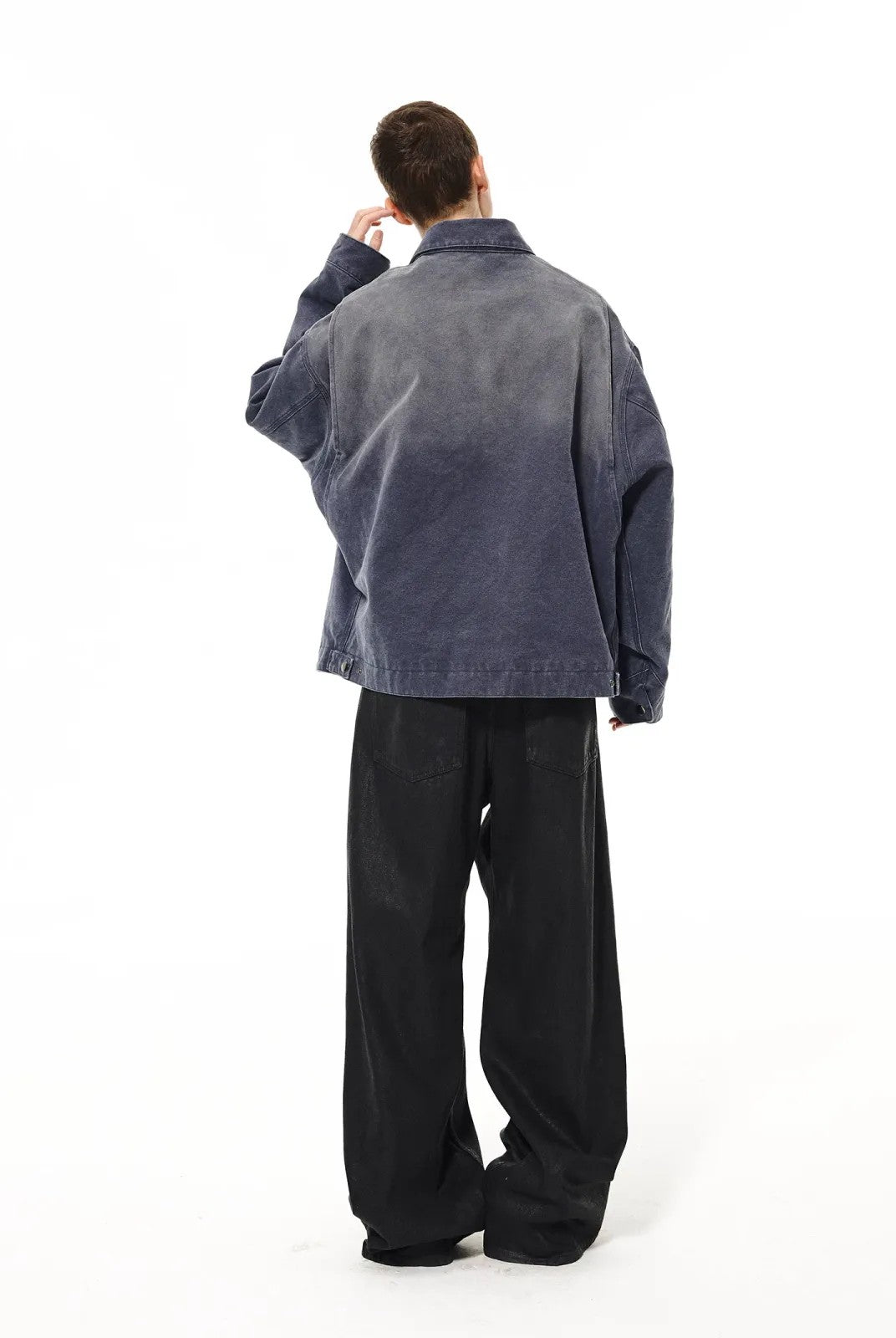 UNKNOWNWORLD Sun Faded Canvas Racing Jacket in Denim - On Model