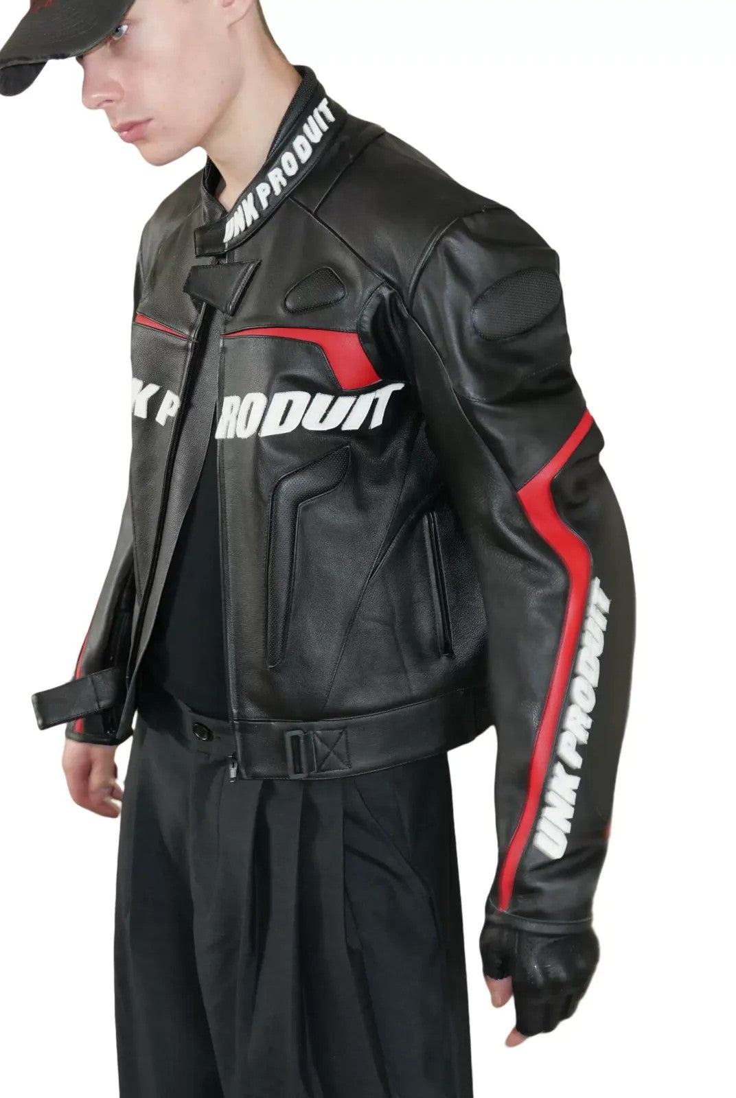 UNKNOWNWORLD Cowhide Leather Racing Jacket in Black - On Model