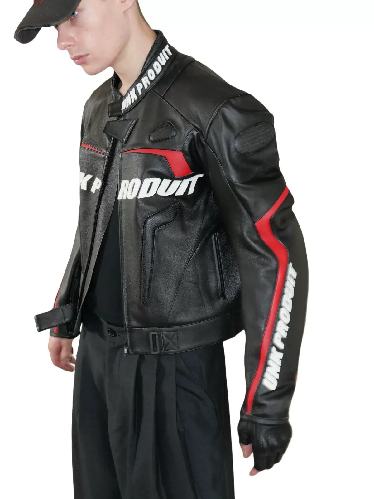 UNKNOWNWORLD Cowhide Leather Racing Jacket in Black - On Model