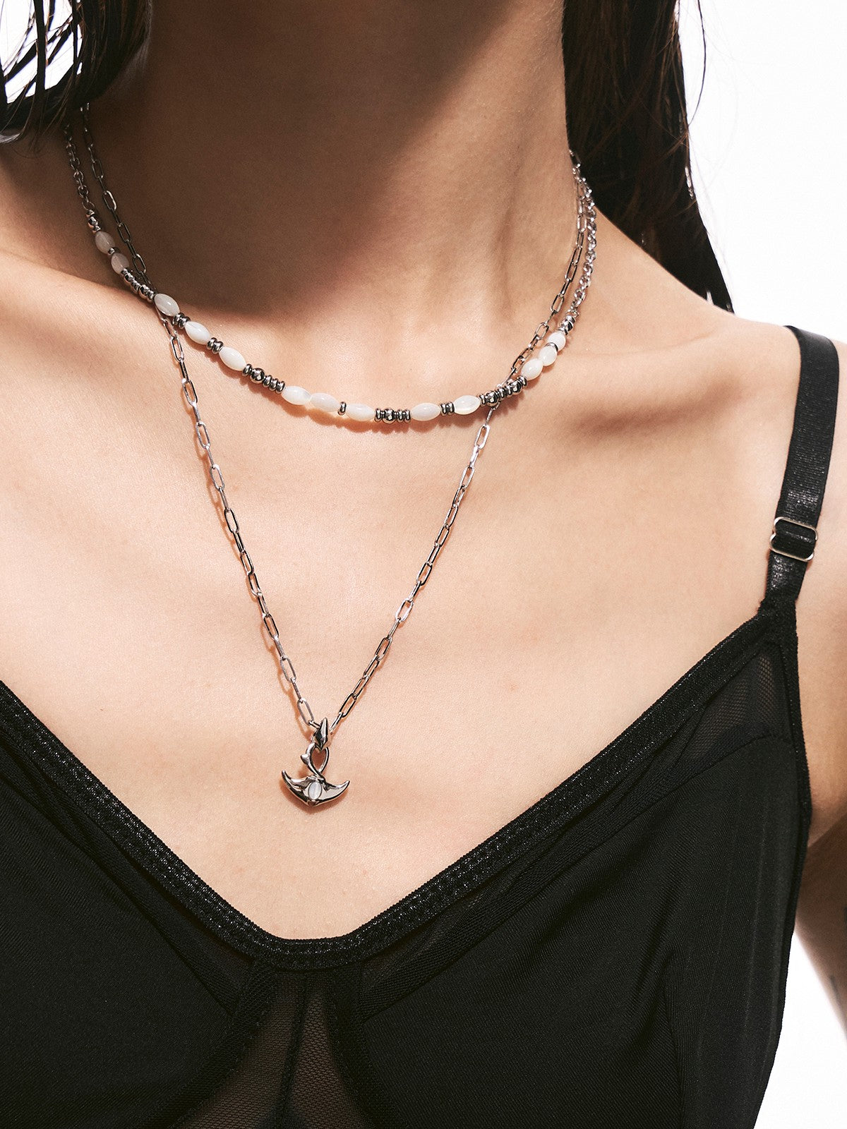 BLACKHEAD Double Layer Manta Ray Necklace in Silver - On Model