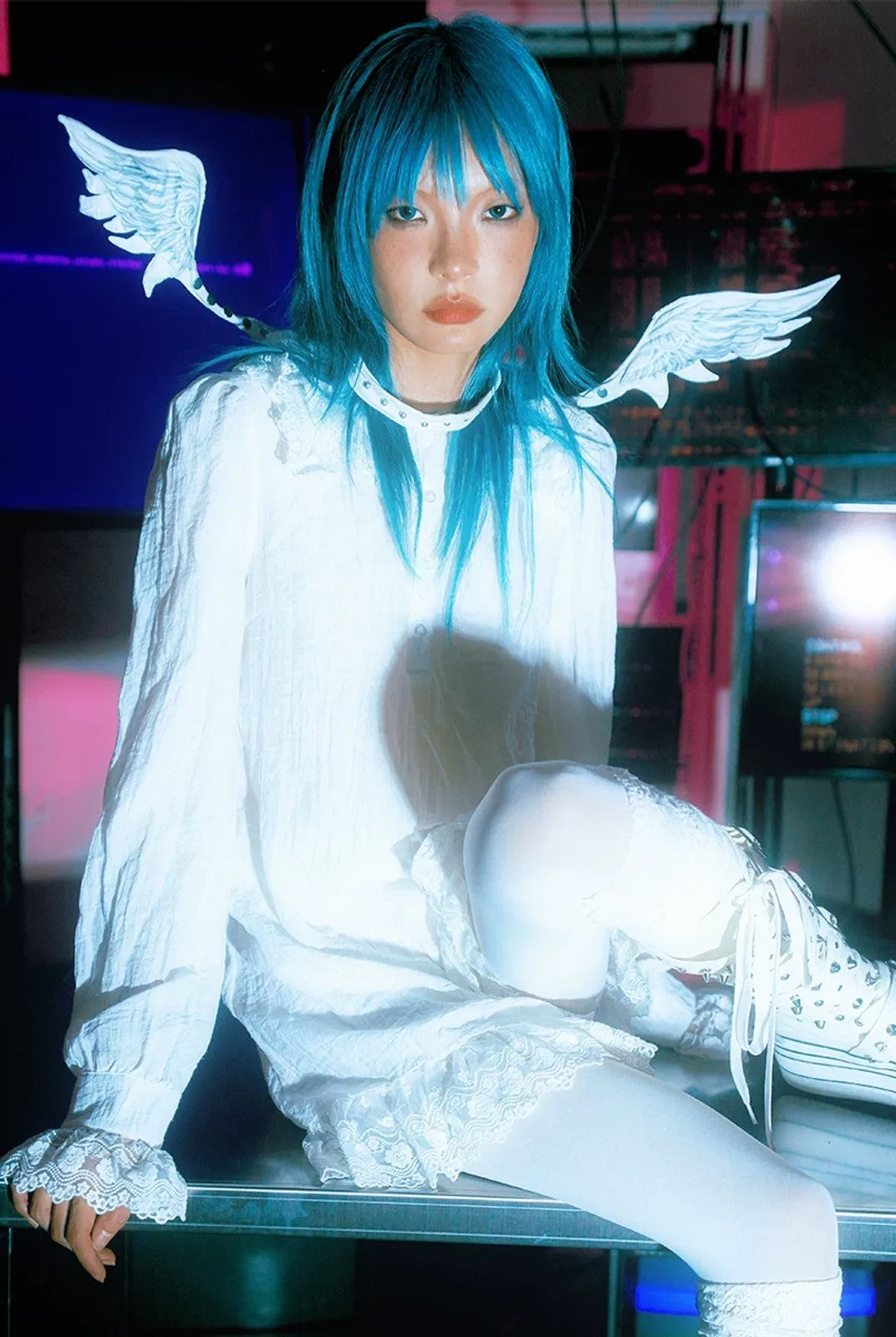 CFIERCE Angel Wings Eyelet Choker in White - On Model