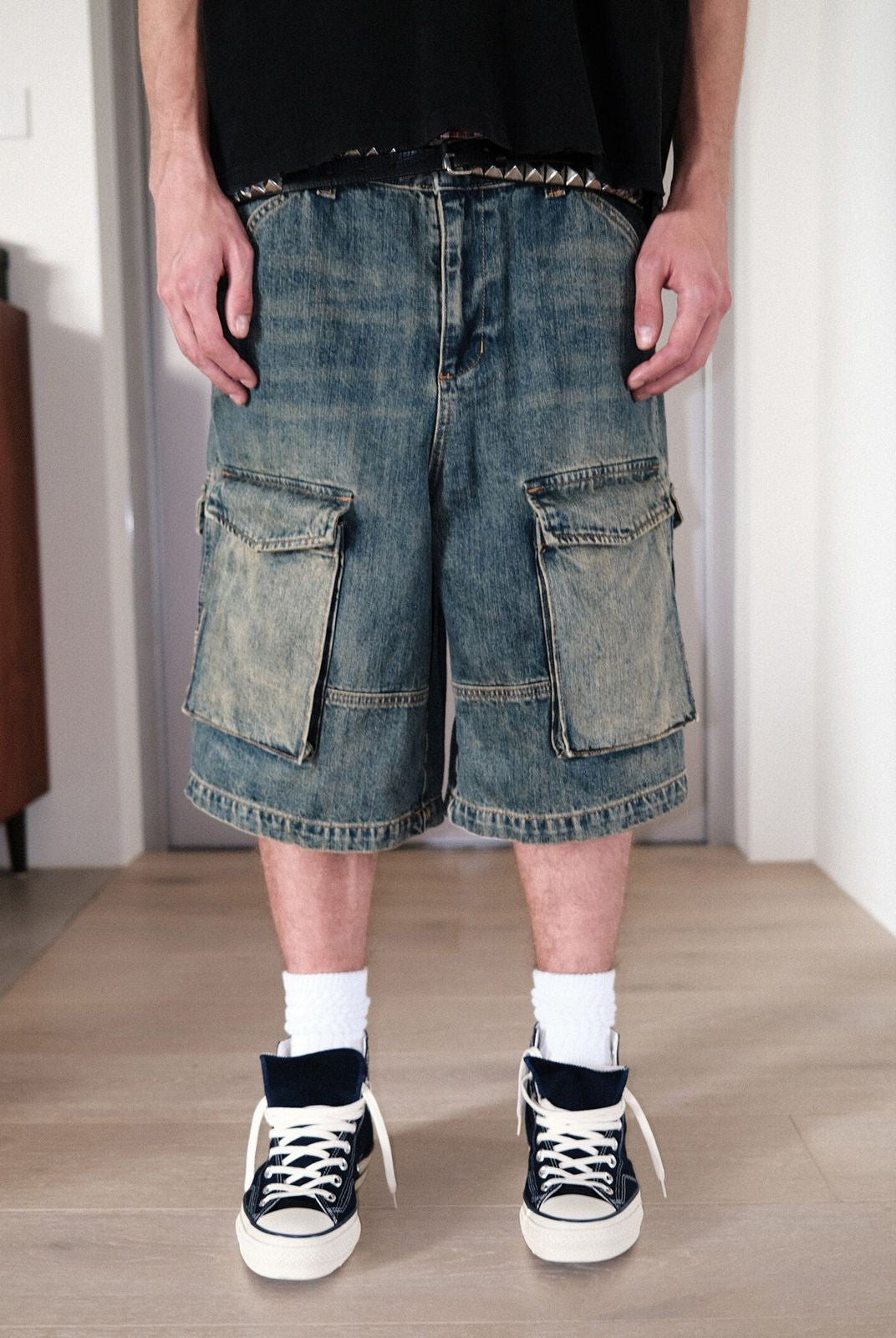 UNKNOWNWORLD Mud Dyed Multi Pocket Denim Shorts in Blue - On Model