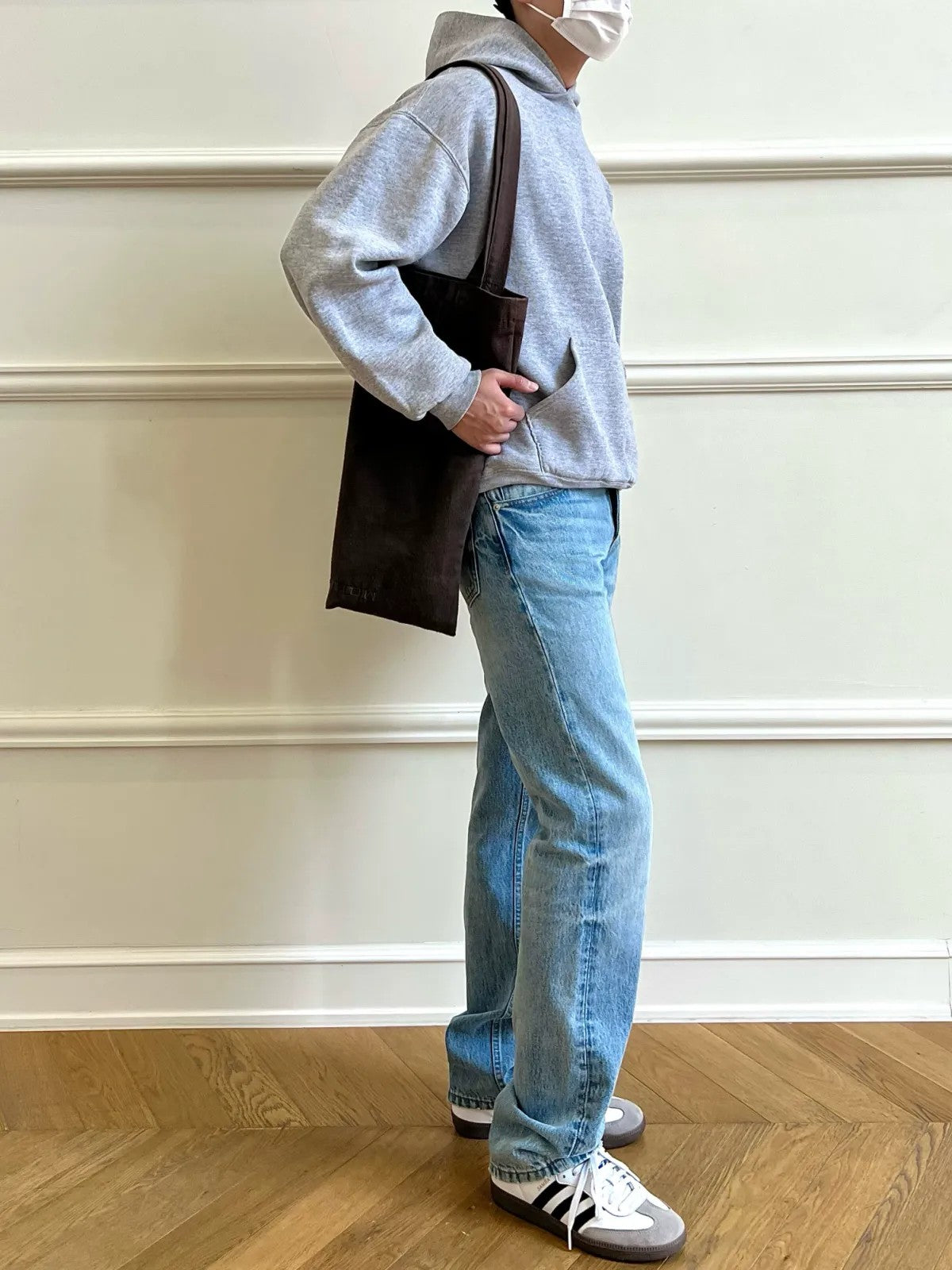 VLABMADE Ice Blue Raw Hem Straight Jeans in Blue - On Model
