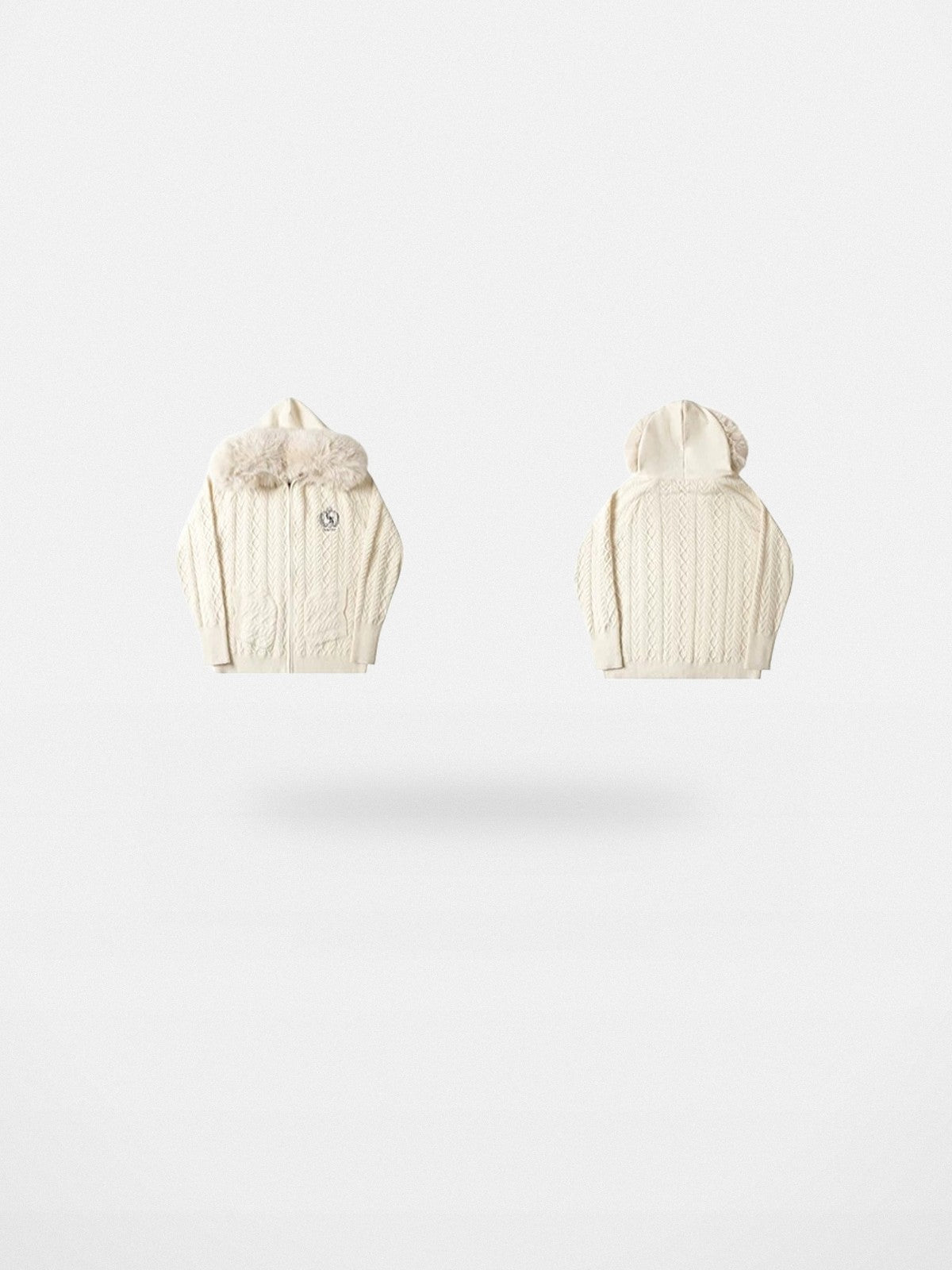 BIGGOLD STUDIO Fur Trimmed Cable Knit Zip Hoodie in White #color_white